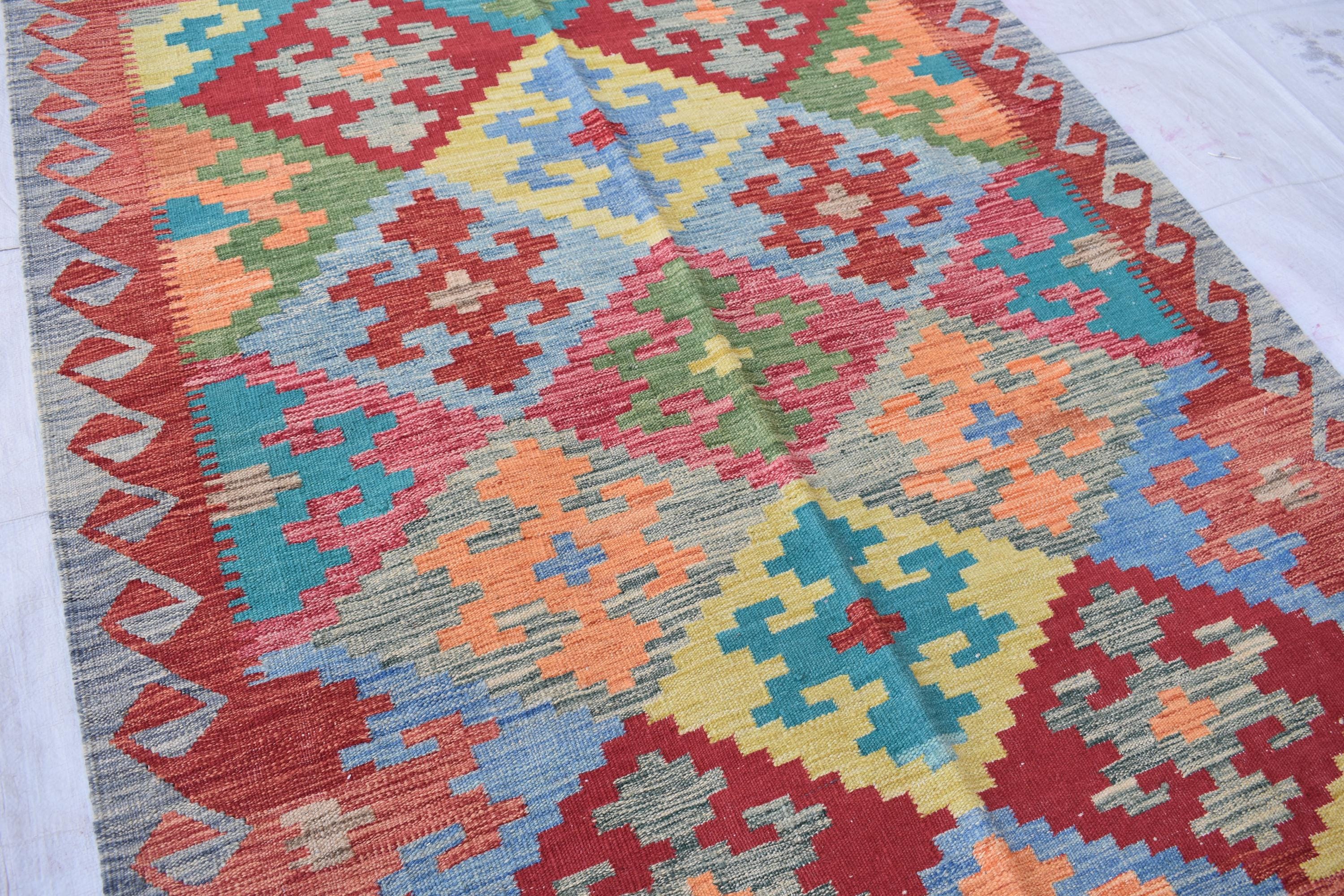 Afghan Kilim Rug – Handwoven Wool, Geometric Tribal Design, 6.8x5 ft | Farm House Rug | Living Room Rug | Office Rug
