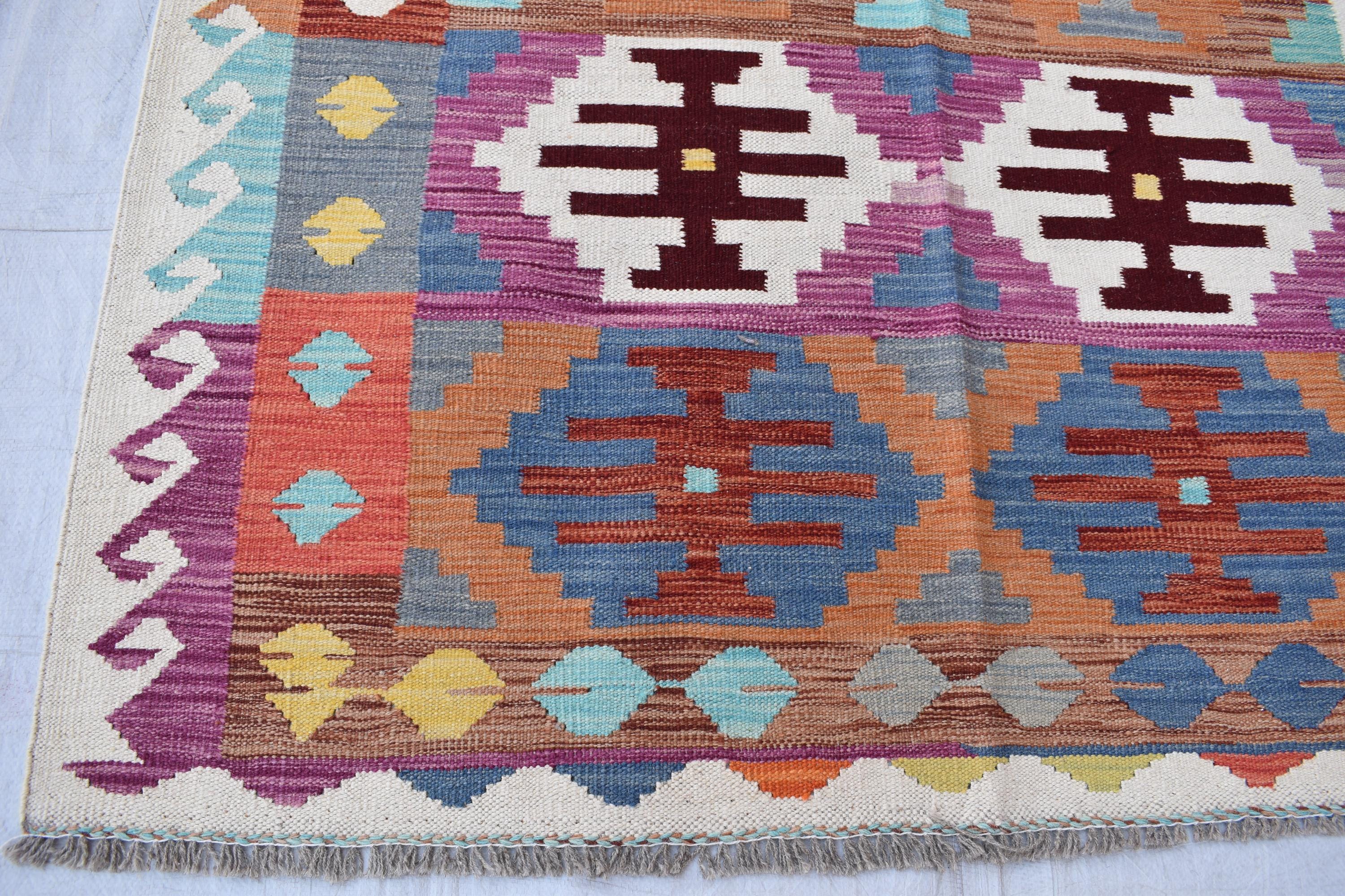 Antique Afghan Kilim Rug – Handwoven Wool, Geometric Tribal Design, 6.10x4.10 ft, Farm House Rug, Living Room rug, Medium Area Rug