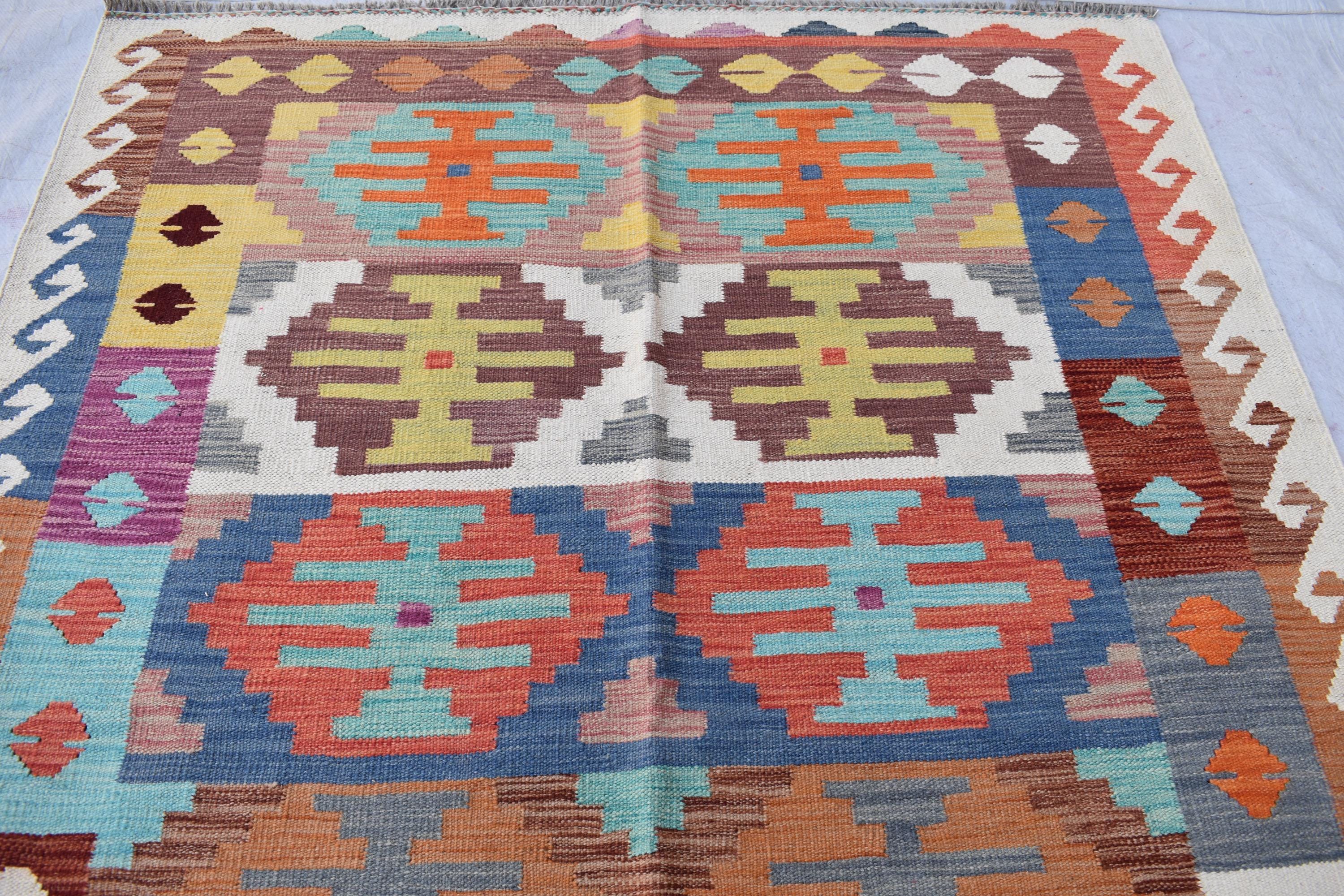 Antique Afghan Kilim Rug – Handwoven Wool, Geometric Tribal Design, 6.10x4.10 ft, Farm House Rug, Living Room rug, Medium Area Rug