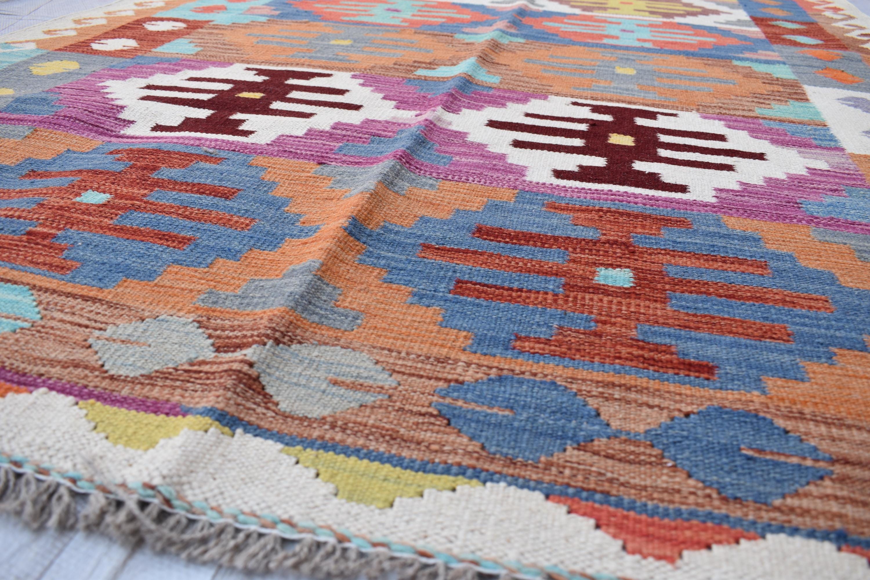 Antique Afghan Kilim Rug – Handwoven Wool, Geometric Tribal Design, 6.10x4.10 ft, Farm House Rug, Living Room rug, Medium Area Rug