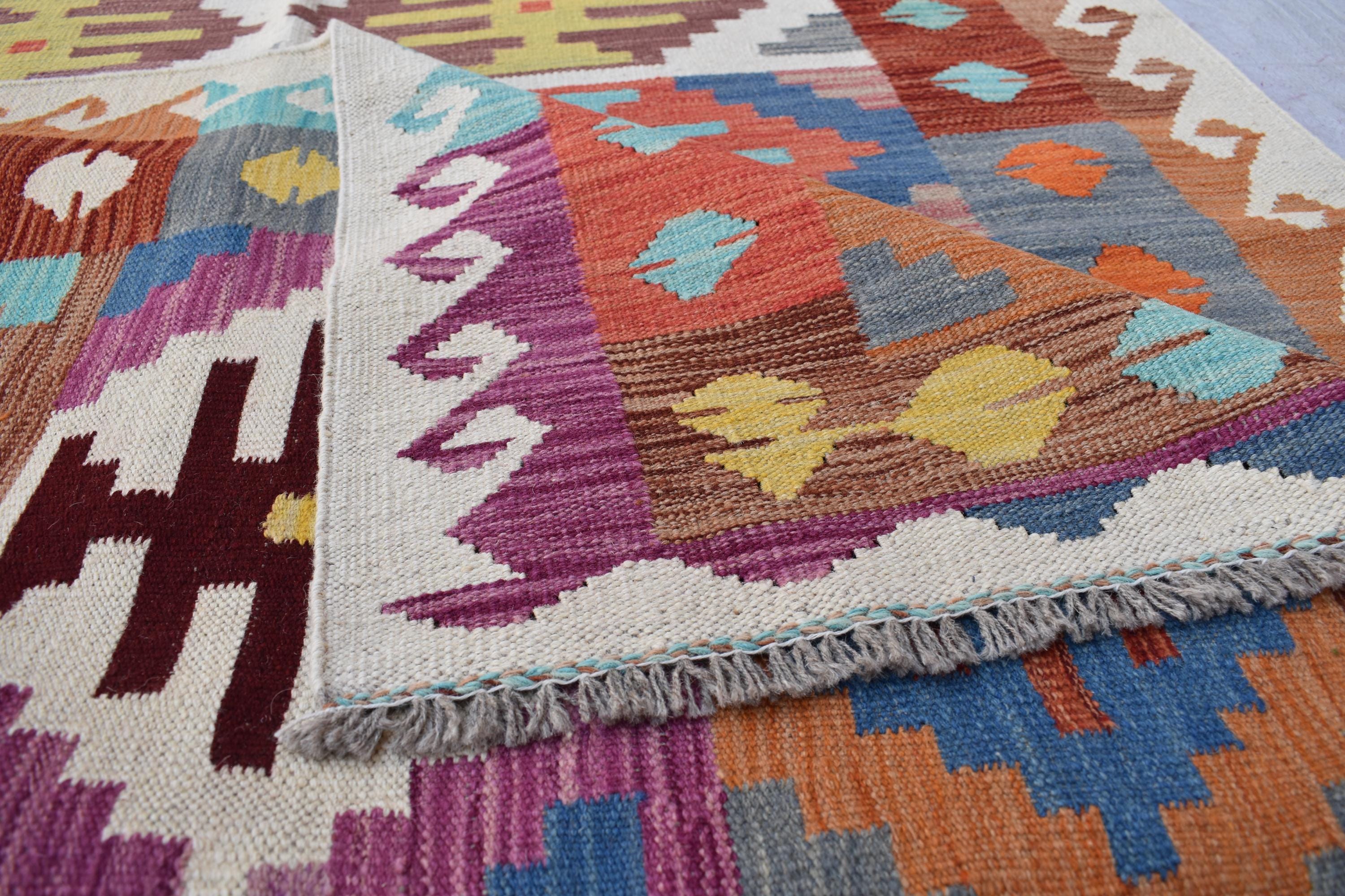 Antique Afghan Kilim Rug – Handwoven Wool, Geometric Tribal Design, 6.10x4.10 ft, Farm House Rug, Living Room rug, Medium Area Rug