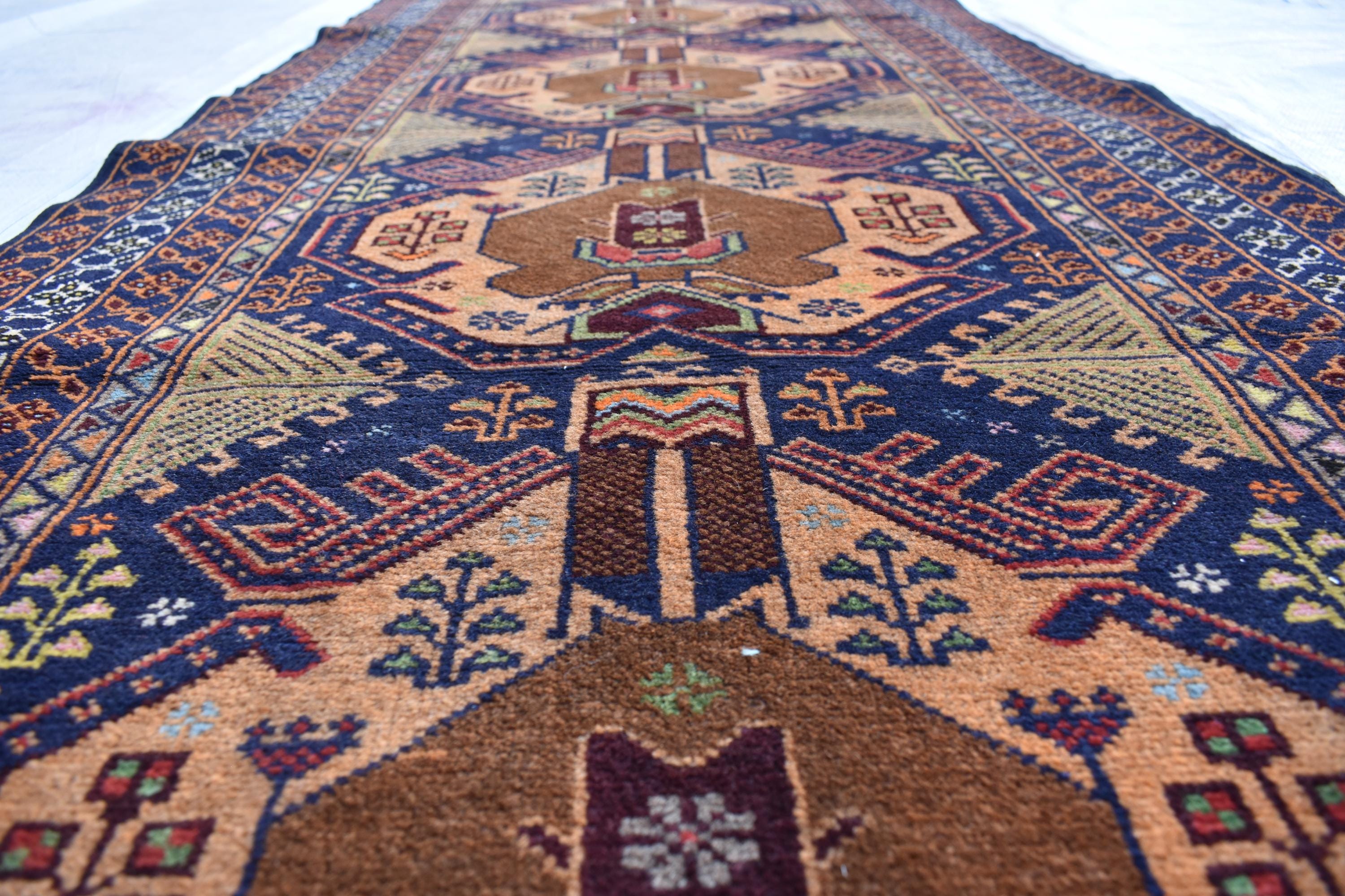 Antique Baluchi Runner 3x13 - Vintage Brown Green and Bronze Tribal Carpet - Narrow Hallway Rug, Ethnic Boho Floor Cover, Collector's Piece