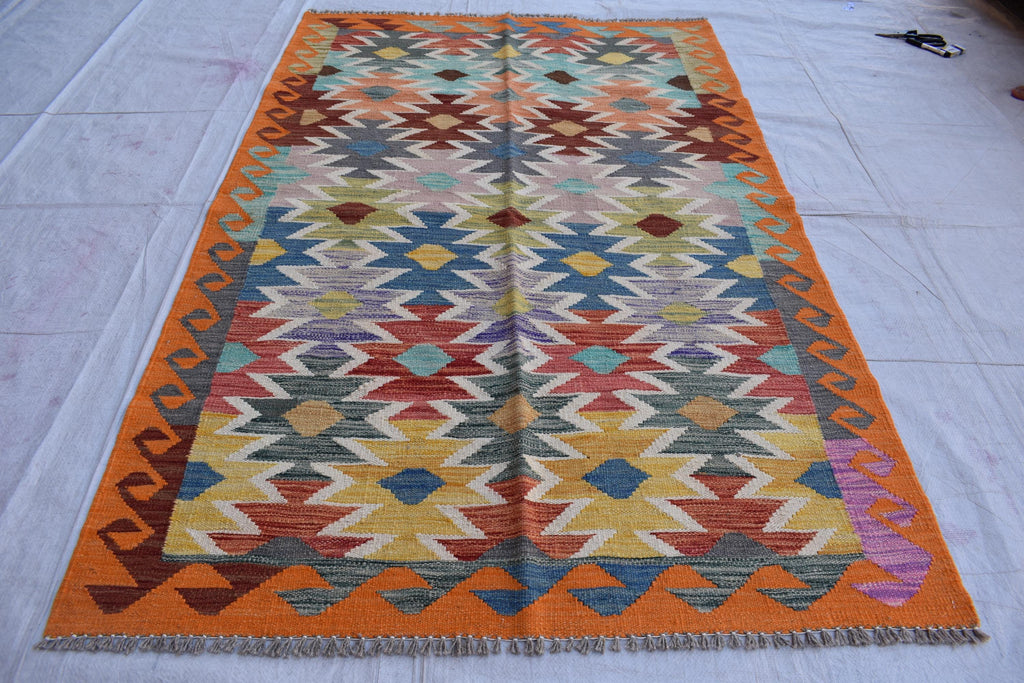 Antique Afghan Kilim Rug – Handwoven Wool, Geometric Tribal Design, 6.2x4 ft, Small Area Rug, Bedroom Rug, Wall Hanging Rug