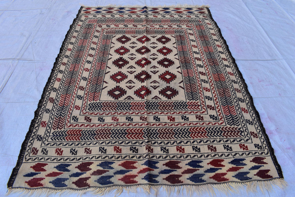1980s Antique Afghan Kilim Rug – Handwoven Wool, Geometric Tribal Design, 5.10x4.3 ft, Wall Hanging Rug, Small Area Rug