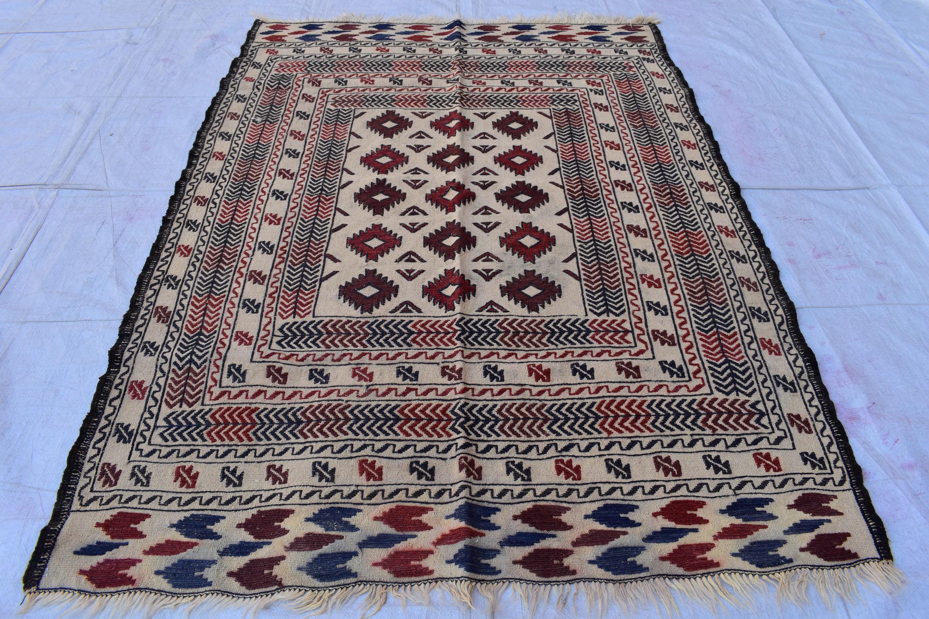 1980s Antique Afghan Kilim Rug – Handwoven Wool, Geometric Tribal Design, 5.10x4.3 ft, Wall Hanging Rug, Small Area Rug