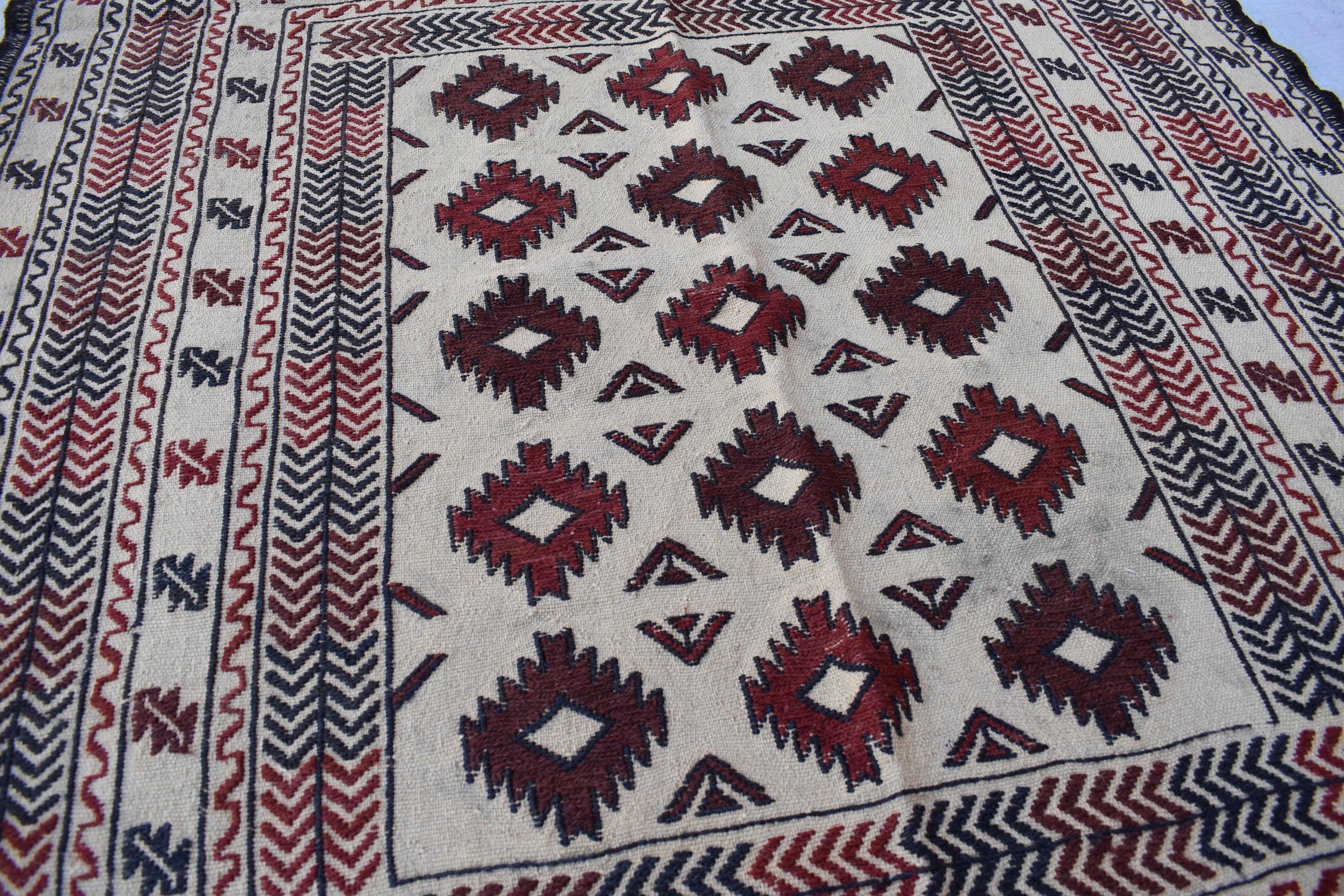 1980s Antique Afghan Kilim Rug – Handwoven Wool, Geometric Tribal Design, 5.10x4.3 ft, Wall Hanging Rug, Small Area Rug