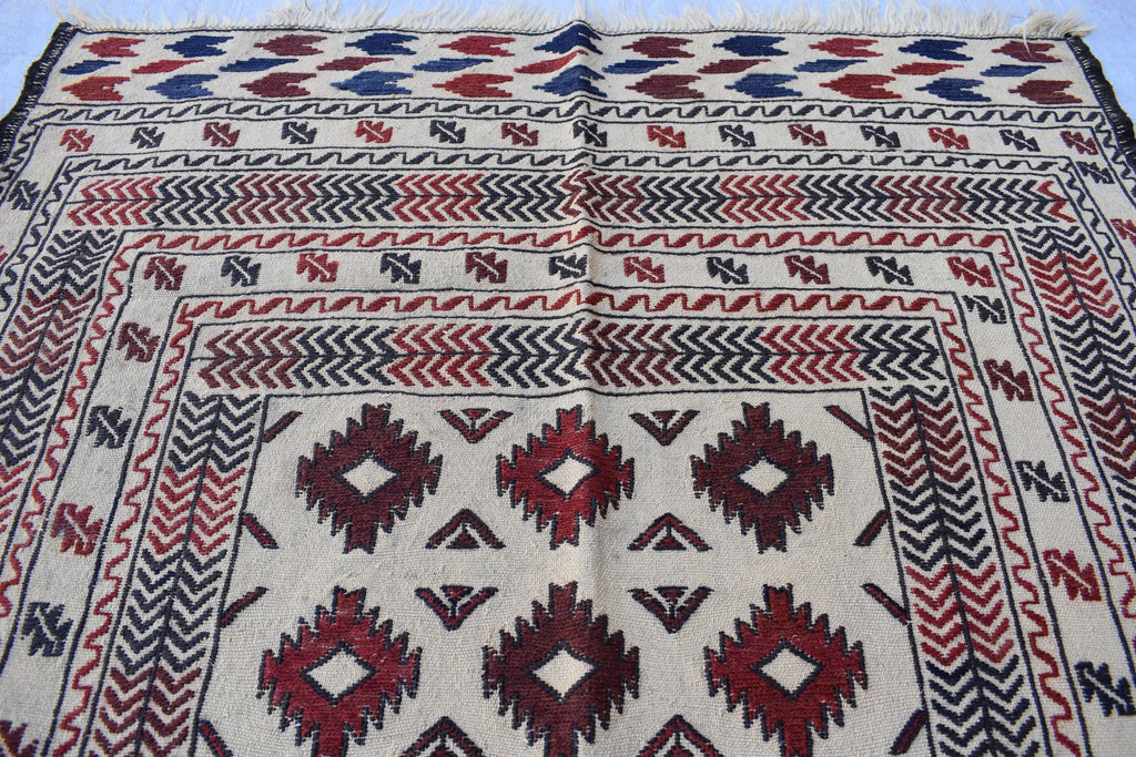 1980s Antique Afghan Kilim Rug – Handwoven Wool, Geometric Tribal Design, 5.10x4.3 ft, Wall Hanging Rug, Small Area Rug