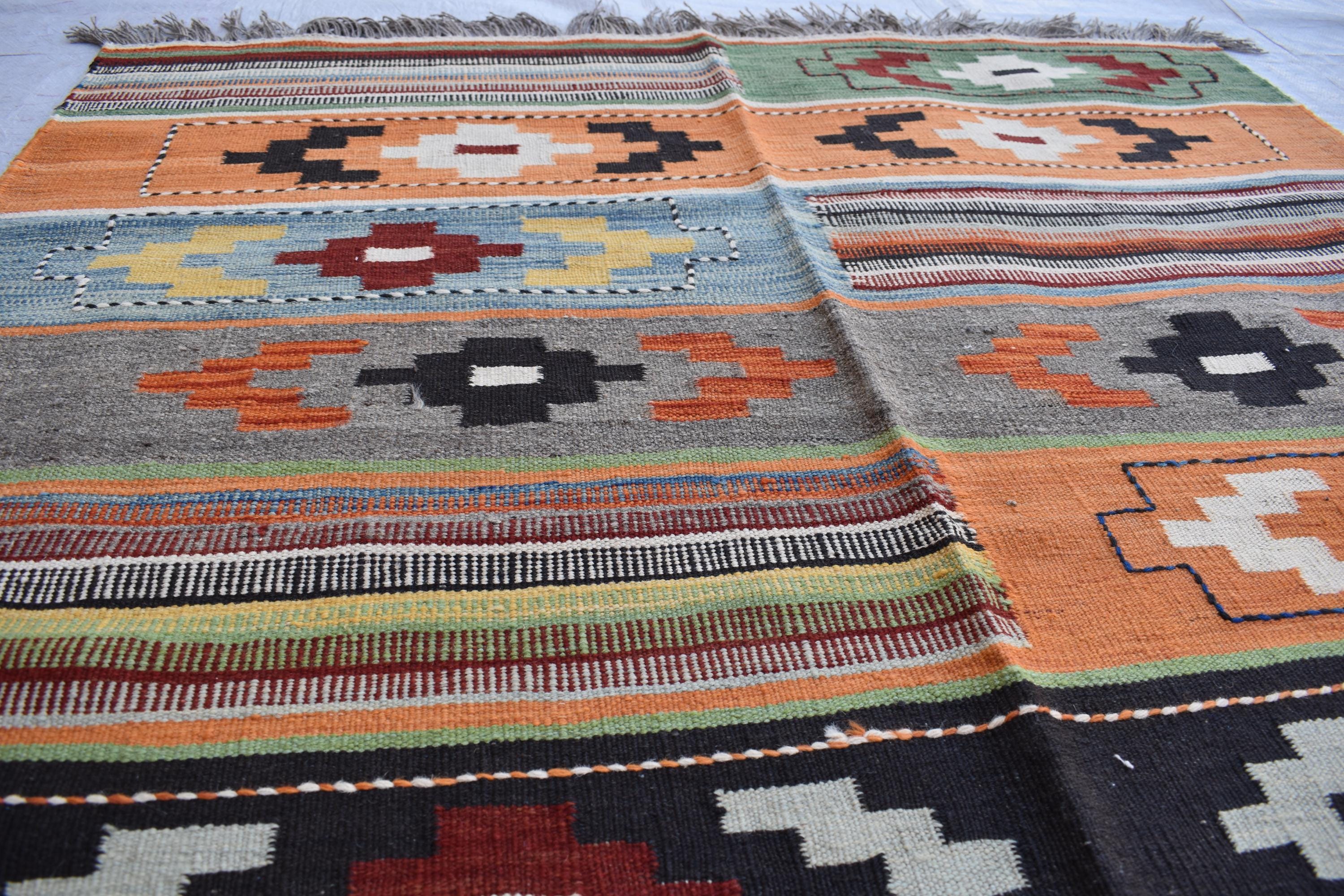 Unique Afghan Kilim Rug – Handwoven Wool, Geometric Tribal Design, 6.6x4.11 ft | Farm House Rug | Bohemian Rug | Office Rug
