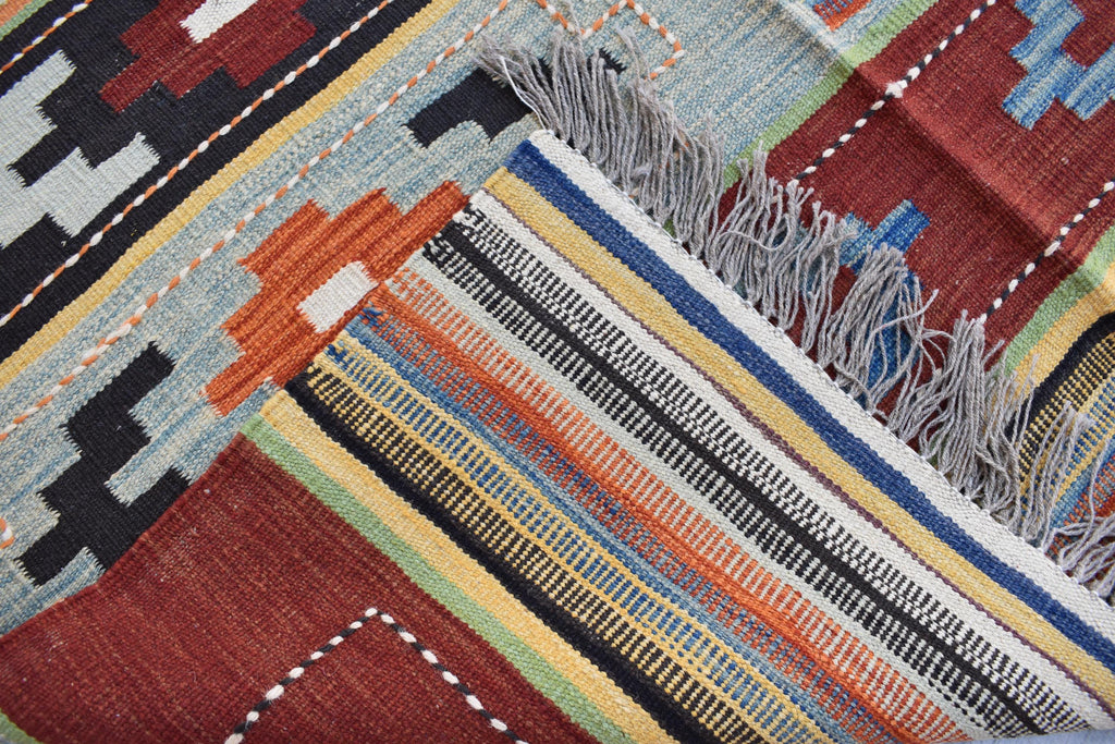 Unique Afghan Kilim Rug – Handwoven Wool, Geometric Tribal Design, 6.6x4.11 ft | Farm House Rug | Bohemian Rug | Office Rug
