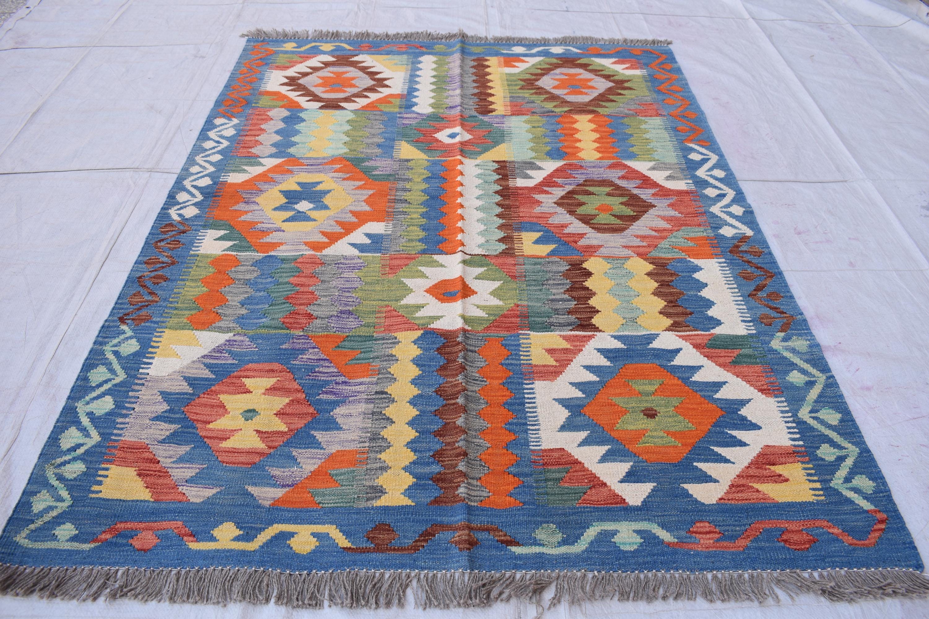 Handwoven Afghan Kilim Rug 6.8x4.11 ft - Boho Tribal Wool Area Carpet, Flatweave Vintage Decor, Farm House Rug, living room Rug
