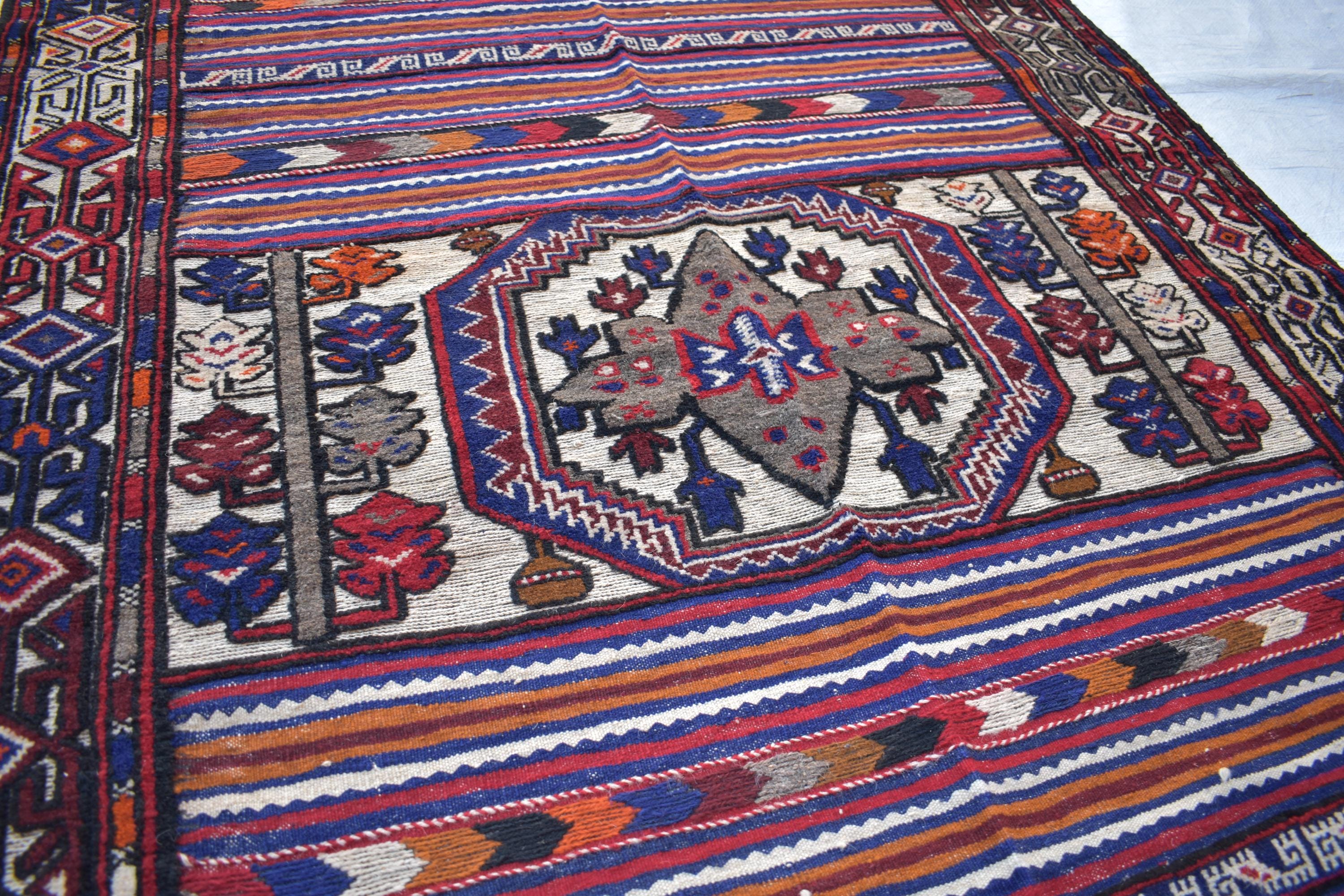 Antique 1950s Kilim Rug – Vintage Afghan Handmade Wool Carpet, 6.11 x 4.5 ft | Mid-Century Tribal Flat Weave Decor, Farm House Rug