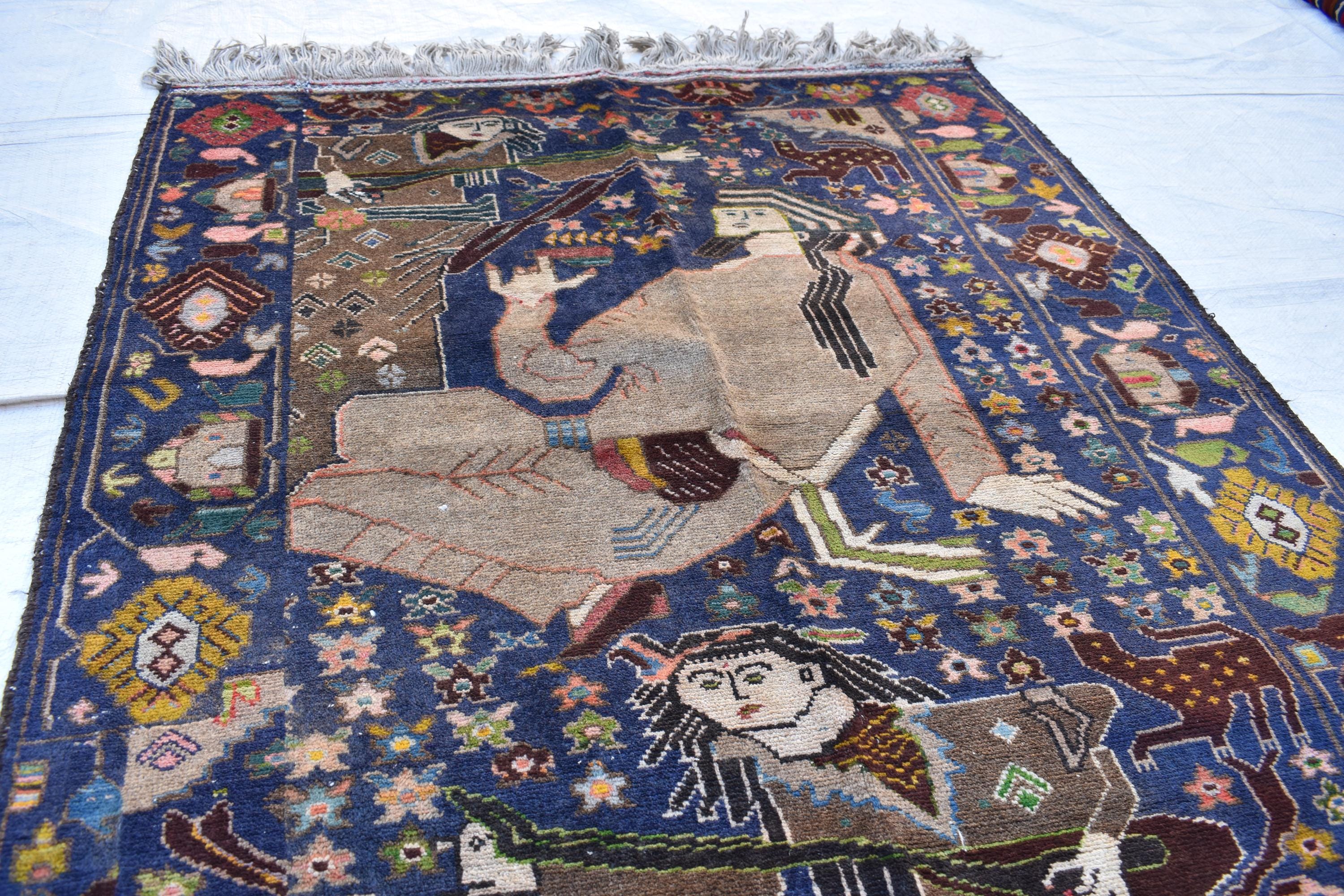 100-Year-Old Afghan War Rug – Handmade Wool Tribal Carpet, 6.6 x 3.6 ft | Rare Collectible with Unique Human Figures | Wall Hanging Rug