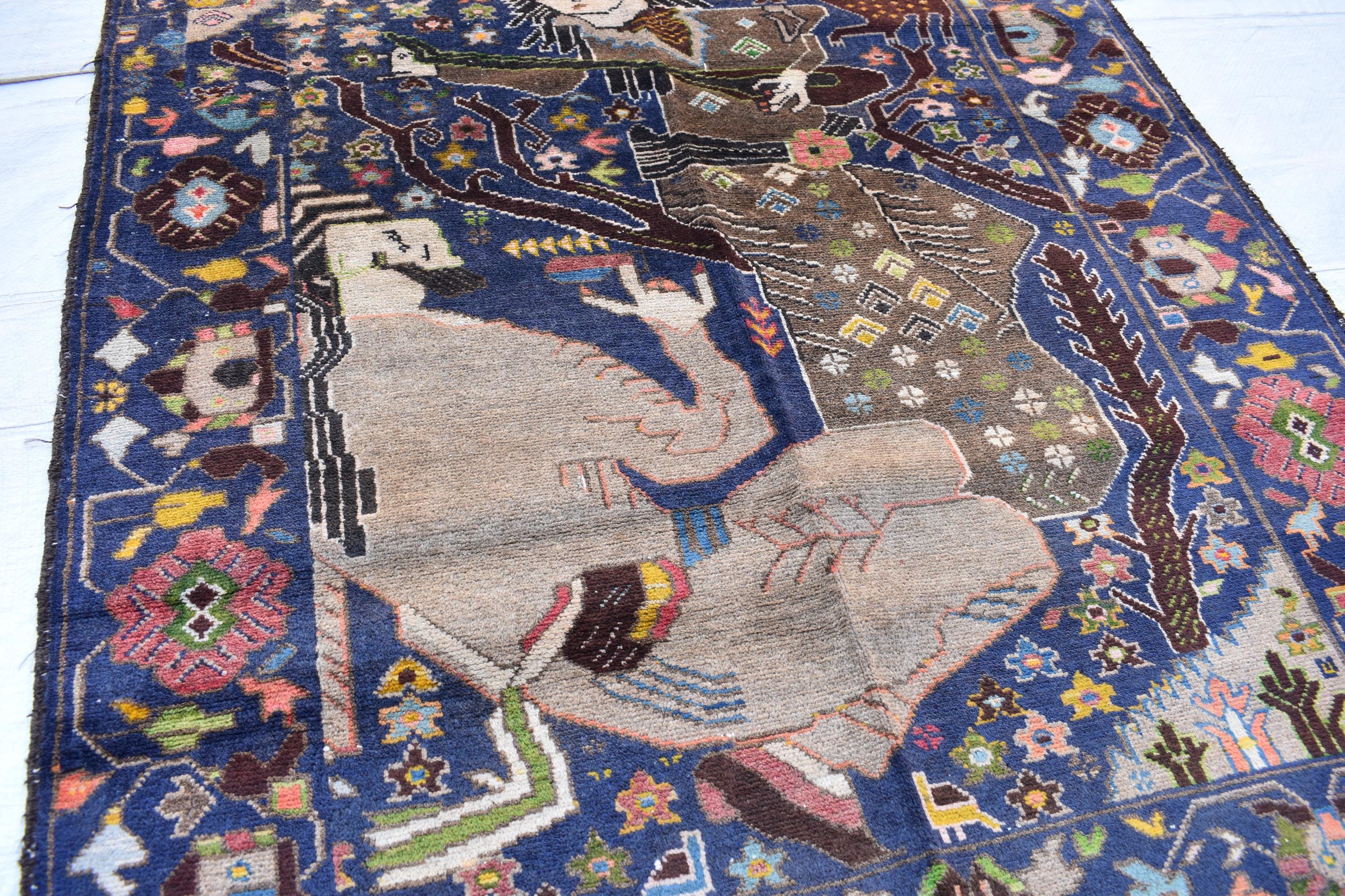 100-Year-Old Afghan War Rug – Handmade Wool Tribal Carpet, 6.6 x 3.6 ft | Rare Collectible with Unique Human Figures | Wall Hanging Rug