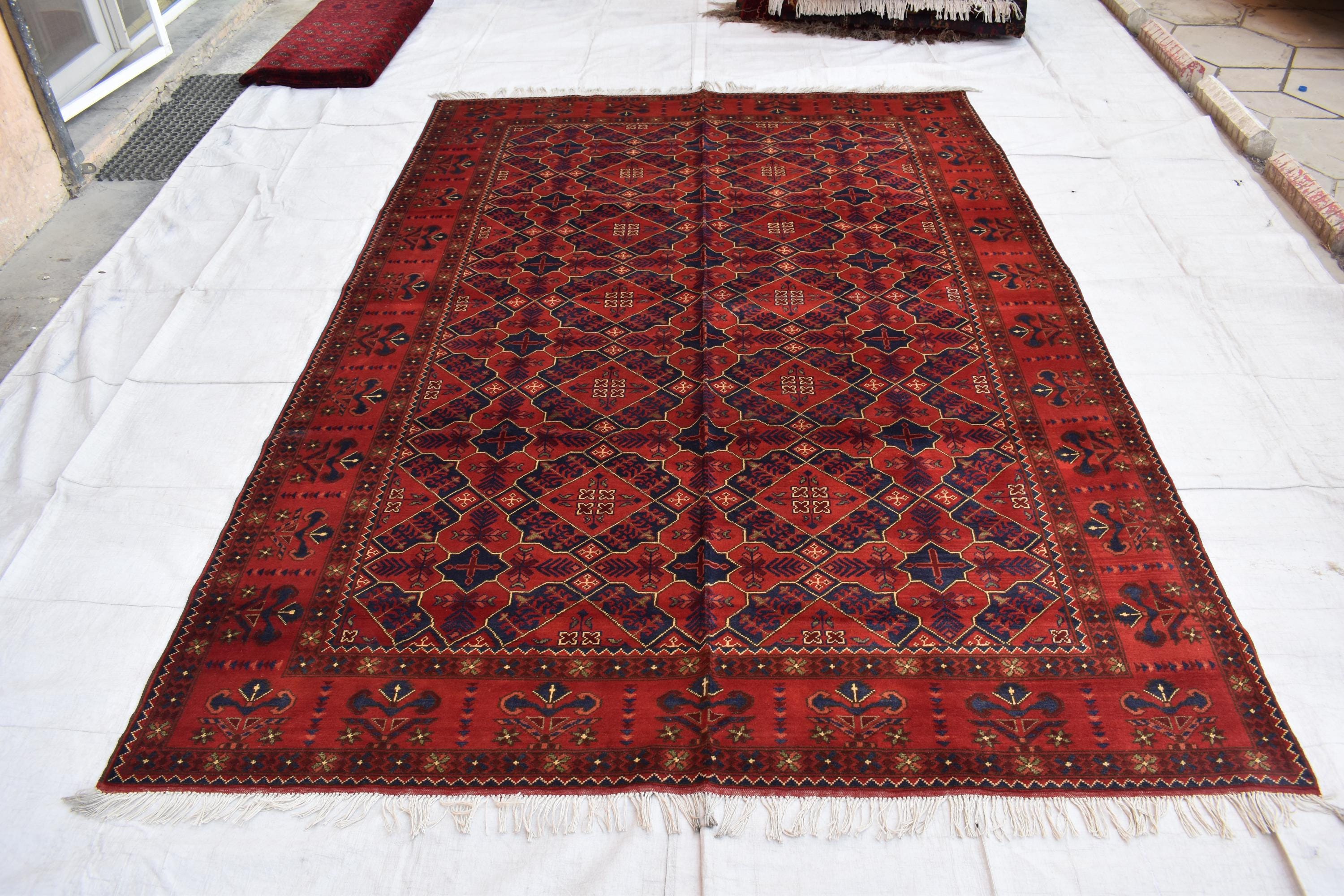 Handwoven 9.9 x 6.6 Bukhara Carpet – Traditional Afghan Geometric Design in Rich Red Wool | Dining room Rug | Office Rug