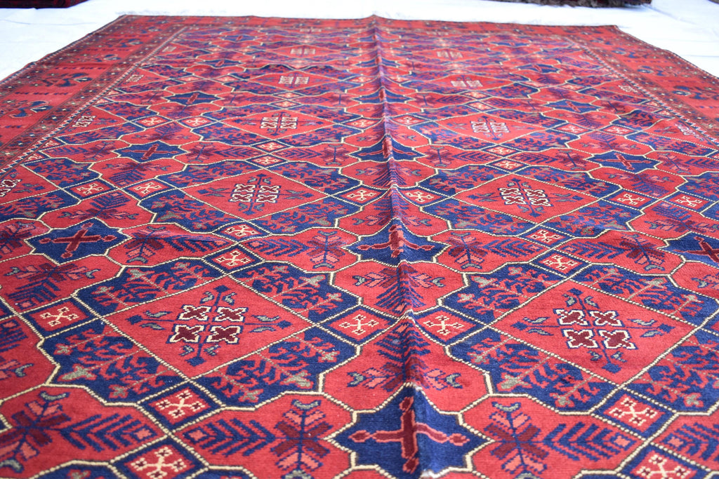 Handwoven 9.9 x 6.6 Bukhara Carpet – Traditional Afghan Geometric Design in Rich Red Wool | Dining room Rug | Office Rug