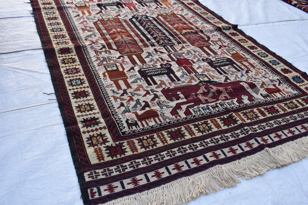 4x7 Antique 45-Year-Old Afghan War Rug -Handwoven Tribal Carpet, Collectible Rug, and Geometric Patterns, Wall Hanging Rug 6.5x3.11 ft
