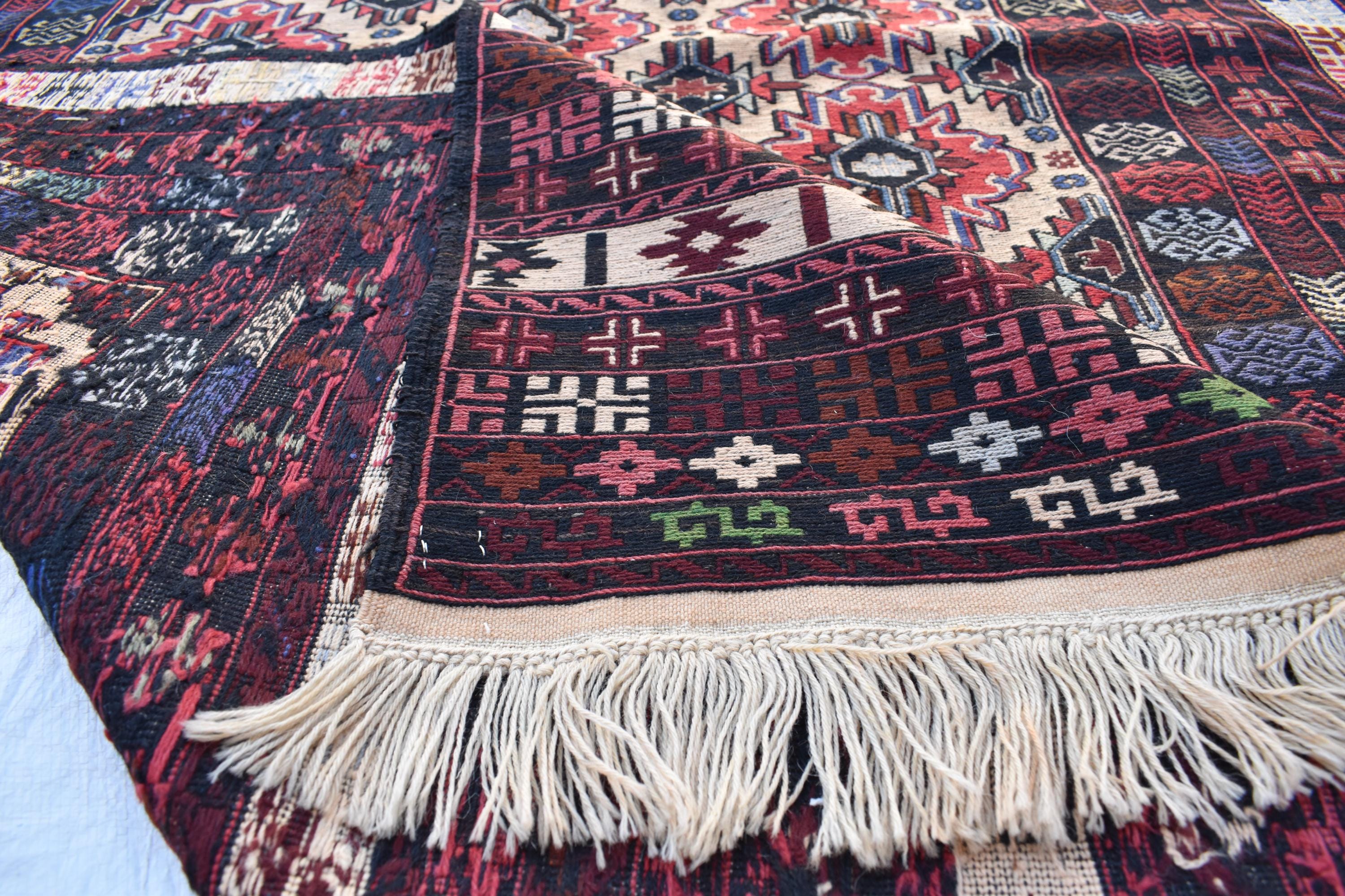 Vintage 50-Year-Old Kilim Rug - 6.8 x 4.2 ft Handwoven Afghan Wool Carpet with Geometric Patterns, Living Room Rug, Wall Hanging Rug