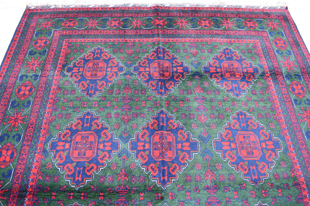 5x7 Authentic Bukhara Khal Mohammadi Rug-Handwoven Afghan Wool Carpet- Rich Red Green Tones, Geometric Patterns, Living Room Rug 6.10x5.1 ft