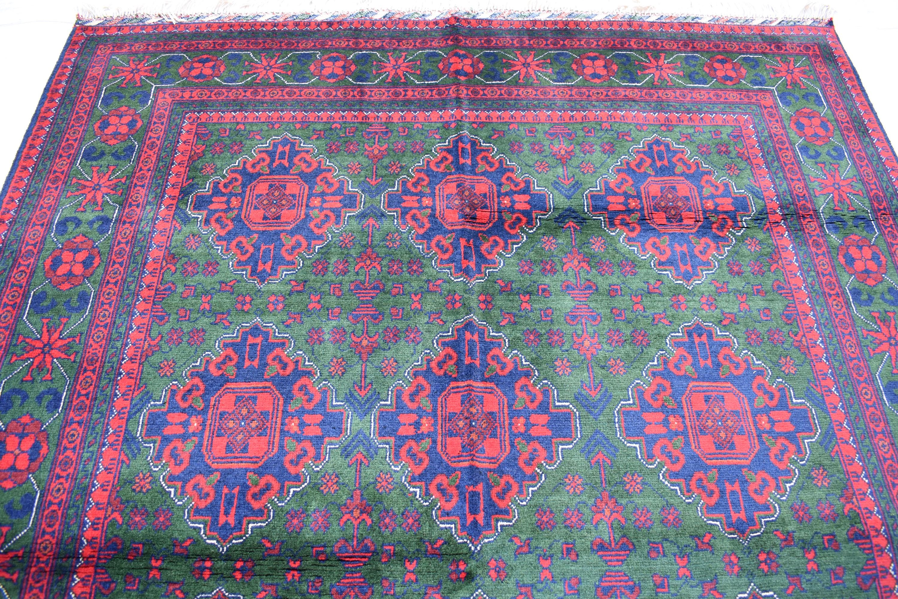 5x7 Authentic Bukhara Khal Mohammadi Rug-Handwoven Afghan Wool Carpet- Rich Red Green Tones, Geometric Patterns, Living Room Rug 6.10x5.1 ft