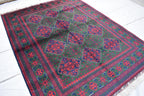 5x7 Authentic Bukhara Khal Mohammadi Rug-Handwoven Afghan Wool Carpet- Rich Red Green Tones, Geometric Patterns, Living Room Rug 6.10x5.1 ft