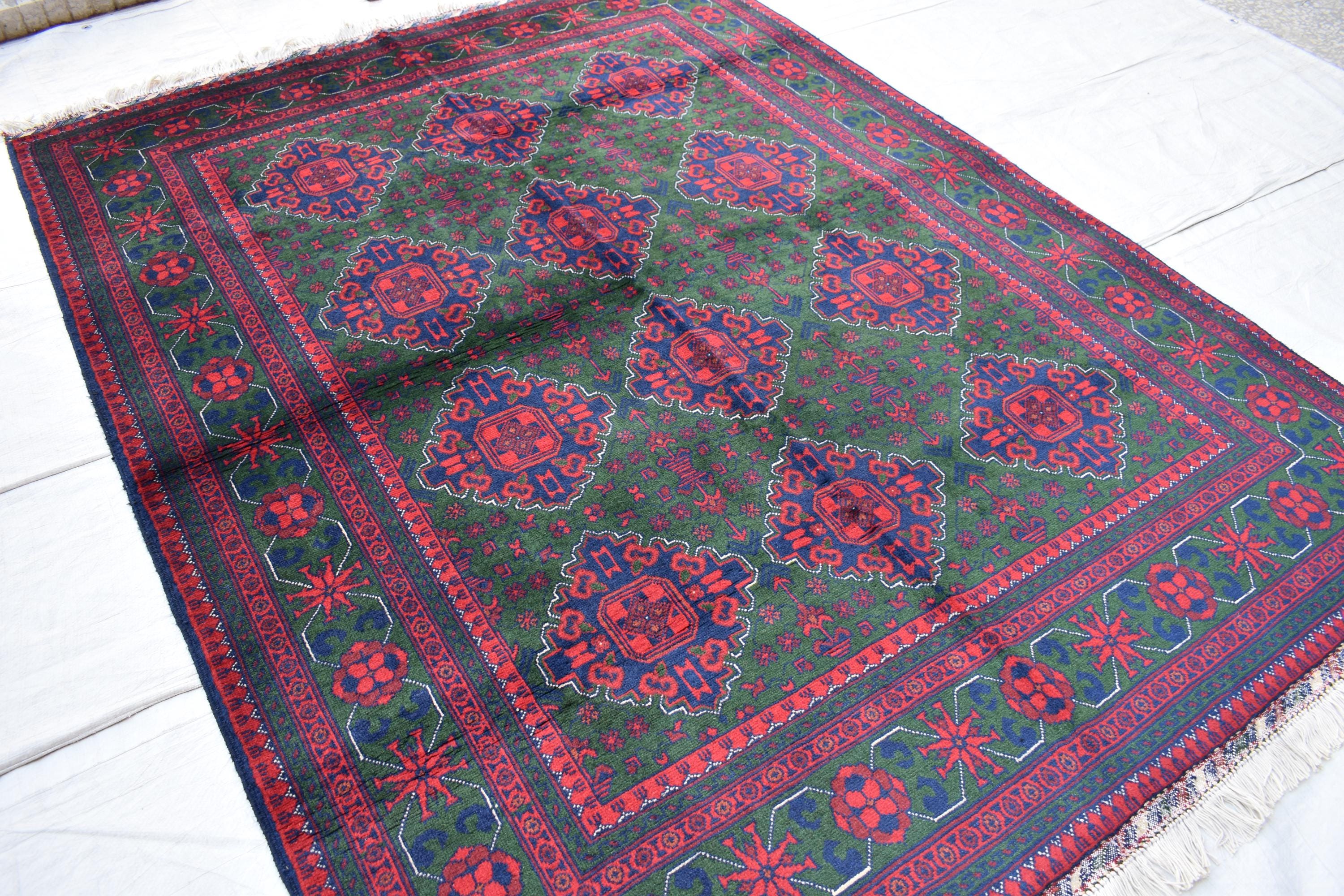 5x7 Authentic Bukhara Khal Mohammadi Rug-Handwoven Afghan Wool Carpet- Rich Red Green Tones, Geometric Patterns, Living Room Rug 6.10x5.1 ft