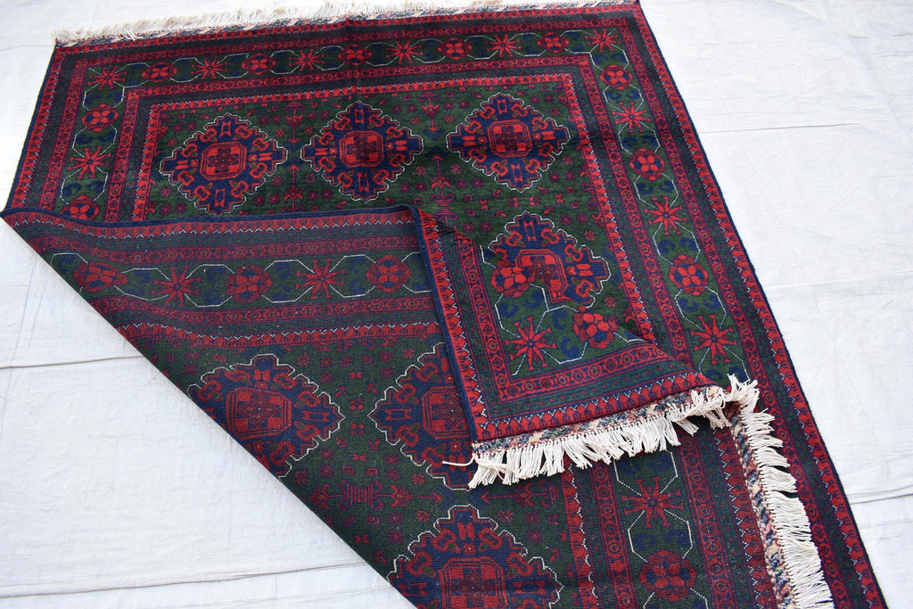 5x7 Authentic Bukhara Khal Mohammadi Rug-Handwoven Afghan Wool Carpet- Rich Red Green Tones, Geometric Patterns, Living Room Rug 6.10x5.1 ft