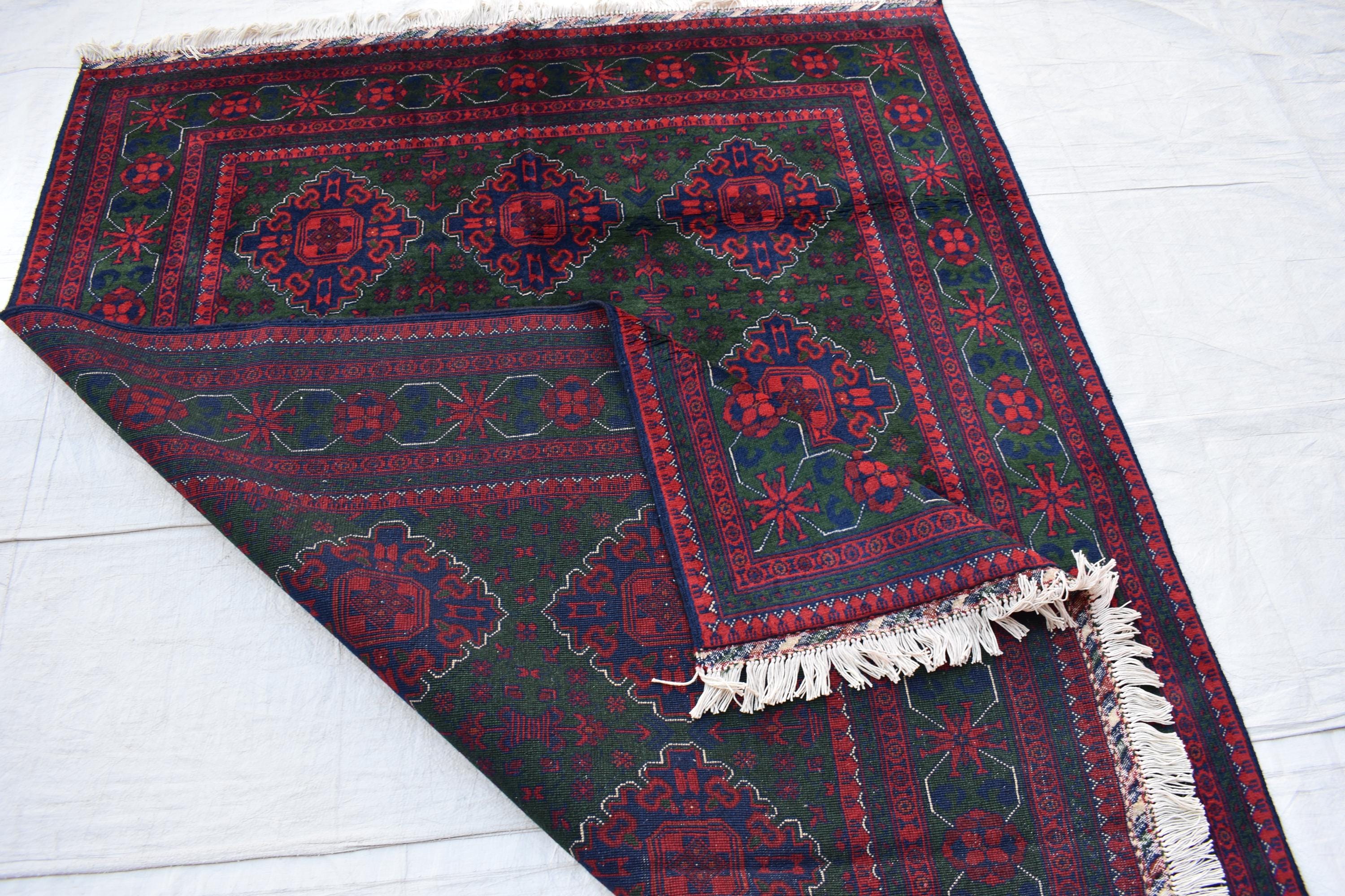 5x7 Authentic Bukhara Khal Mohammadi Rug-Handwoven Afghan Wool Carpet- Rich Red Green Tones, Geometric Patterns, Living Room Rug 6.10x5.1 ft