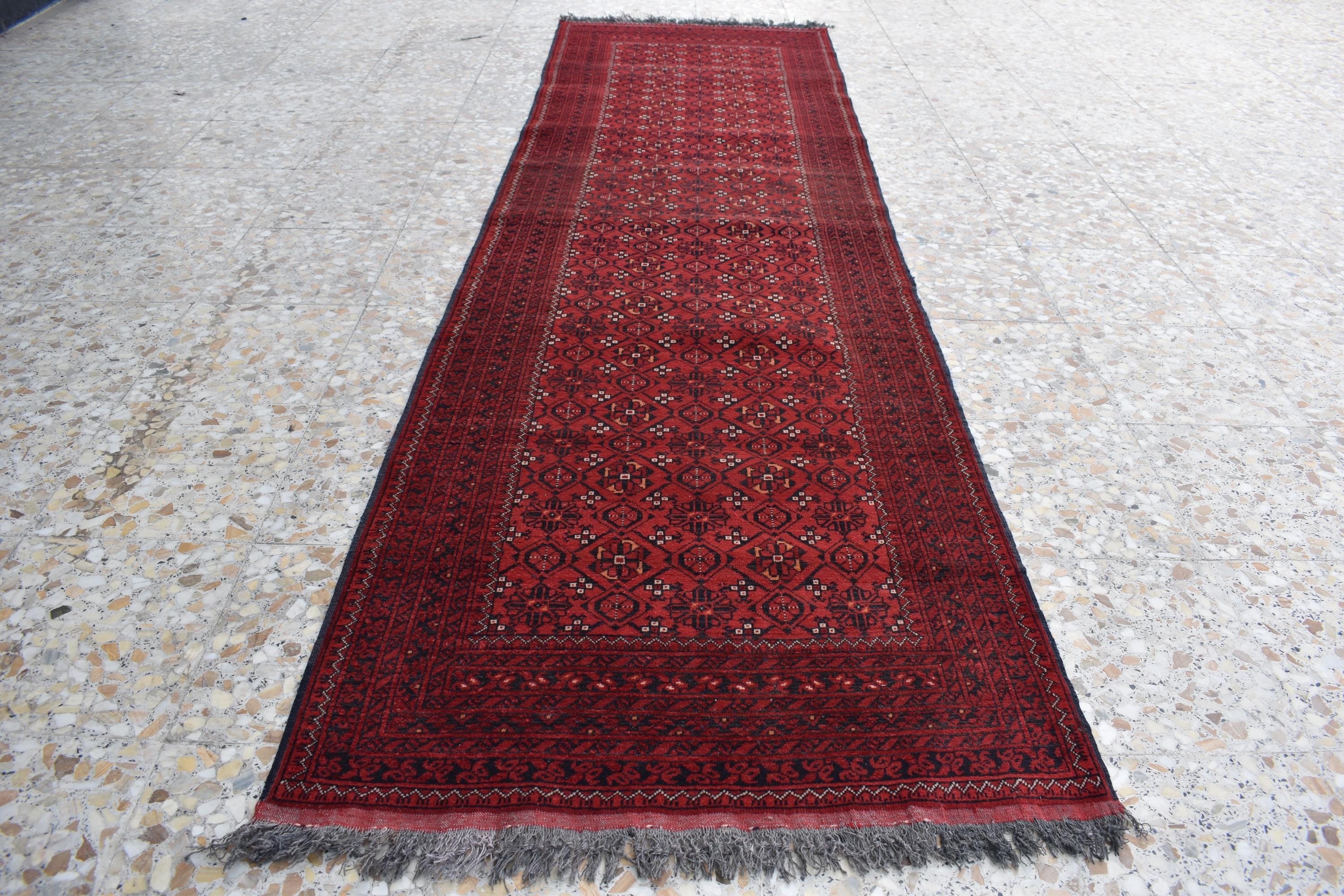 9.4 x 2.9 ft Vintage Afghan Runner Rug– Handmade Wool Carpet, Rustic Hallway Runner, Unique Antique Afghan Decor, Boho Tribal Runner Rug