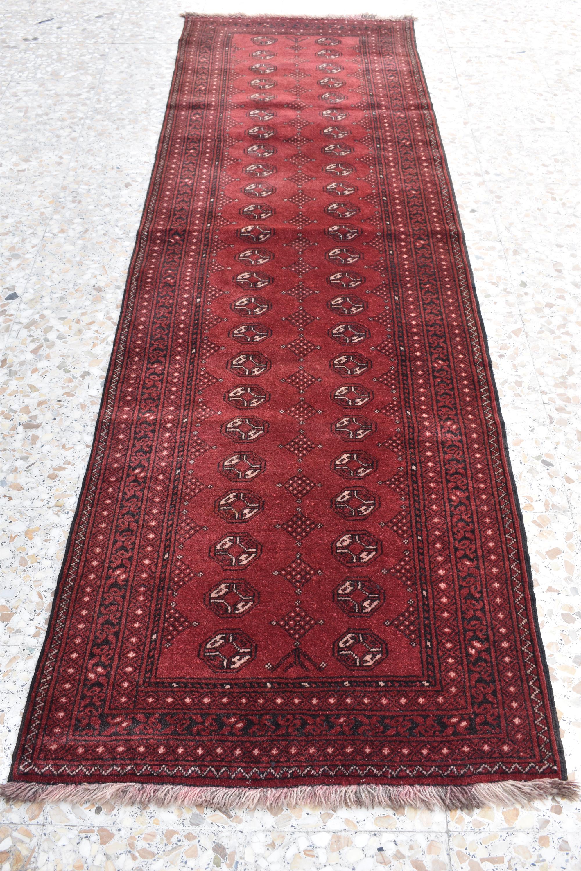 9.6 x 2.10 ft Vintage Afghan Runner Rug– Handmade Wool Carpet, Rustic Hallway Runner, Unique Antique Afghan Decor, Entryway Runner.