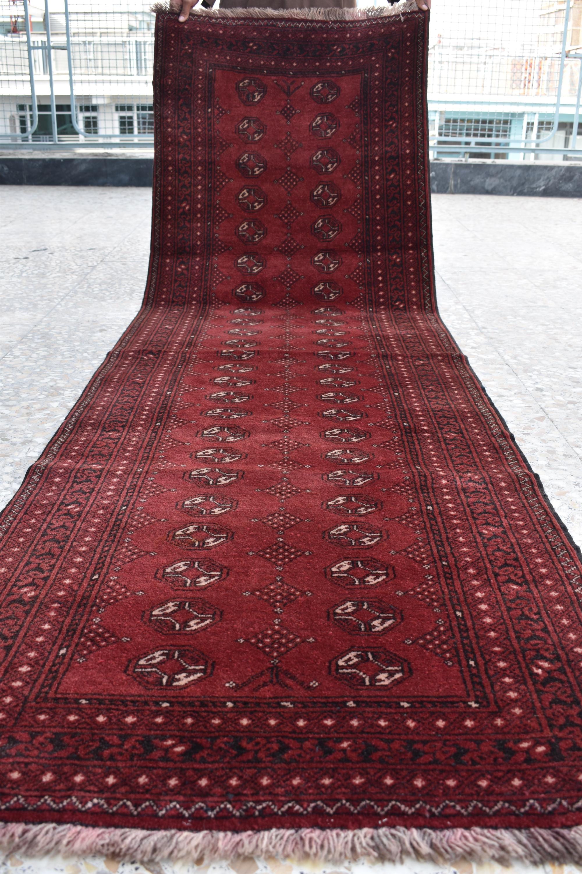 9.6 x 2.10 ft Vintage Afghan Runner Rug– Handmade Wool Carpet, Rustic Hallway Runner, Unique Antique Afghan Decor, Entryway Runner.