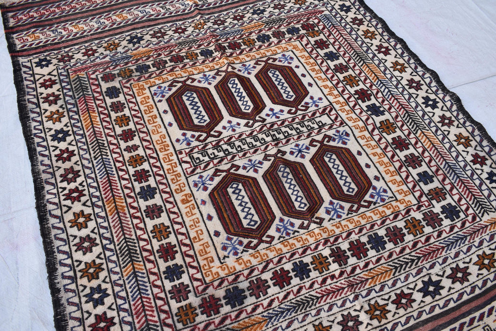 Antique Afghan Kilim Rug – Handwoven Wool, Geometric Tribal Design, 6.1x4.2 ft | Farm House Rug | Living Room Rug | Wall Hanging Carpet