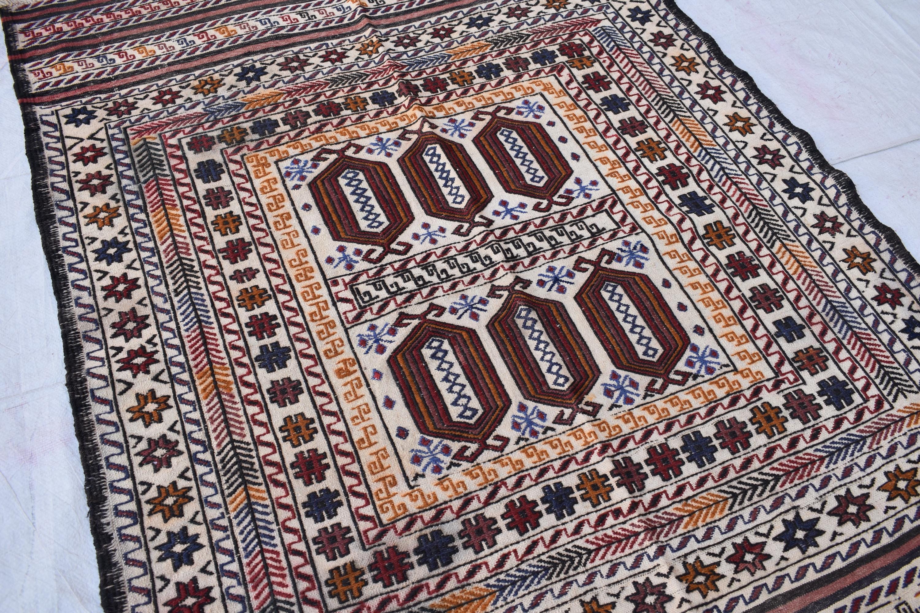 Antique Afghan Kilim Rug – Handwoven Wool, Geometric Tribal Design, 6.1x4.2 ft | Farm House Rug | Living Room Rug | Wall Hanging Carpet