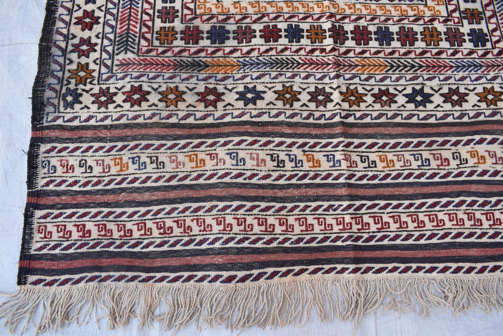Antique Afghan Kilim Rug – Handwoven Wool, Geometric Tribal Design, 6.1x4.2 ft | Farm House Rug | Living Room Rug | Wall Hanging Carpet