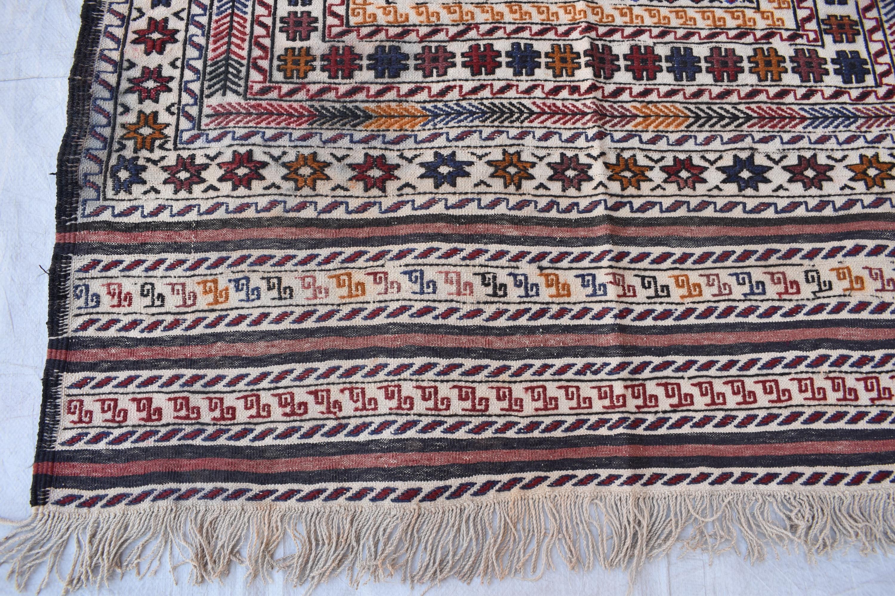Antique Afghan Kilim Rug – Handwoven Wool, Geometric Tribal Design, 6.1x4.2 ft | Farm House Rug | Living Room Rug | Wall Hanging Carpet