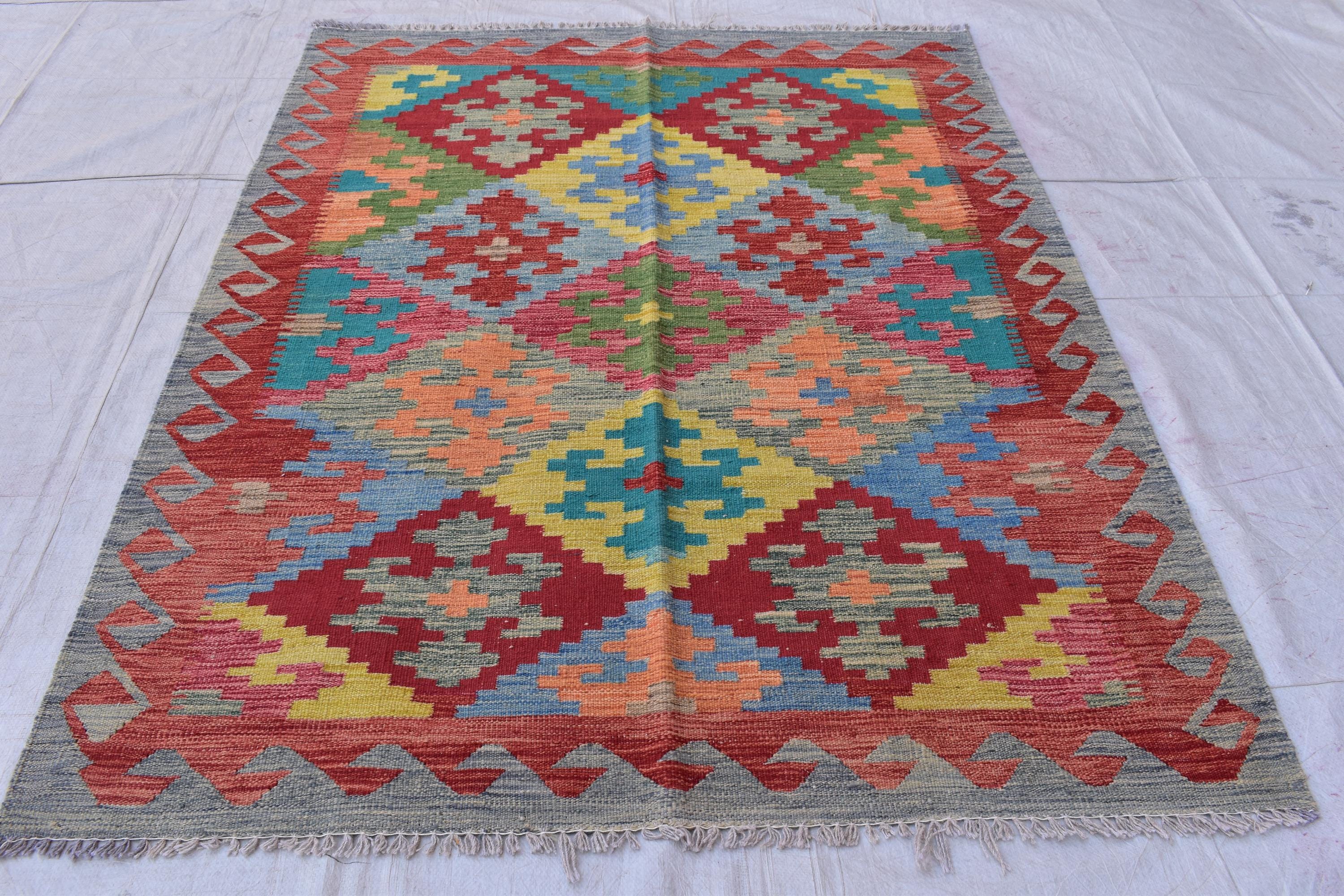 Afghan Kilim Rug – Handwoven Wool, Geometric Tribal Design, 6.8x5 ft | Farm House Rug | Living Room Rug | Office Rug