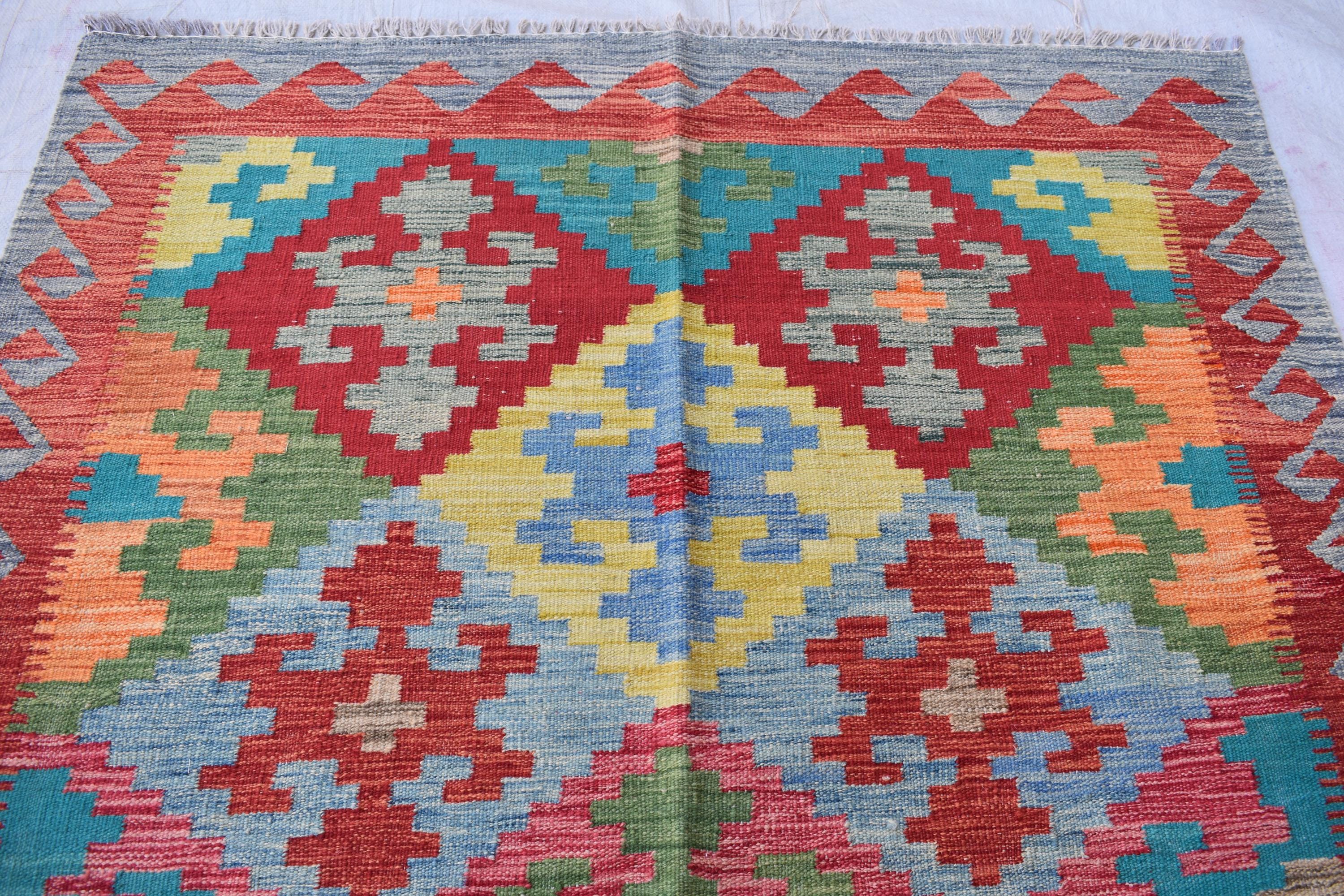 Afghan Kilim Rug – Handwoven Wool, Geometric Tribal Design, 6.8x5 ft | Farm House Rug | Living Room Rug | Office Rug