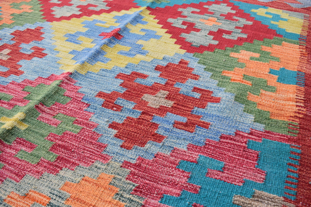Afghan Kilim Rug – Handwoven Wool, Geometric Tribal Design, 6.8x5 ft | Farm House Rug | Living Room Rug | Office Rug