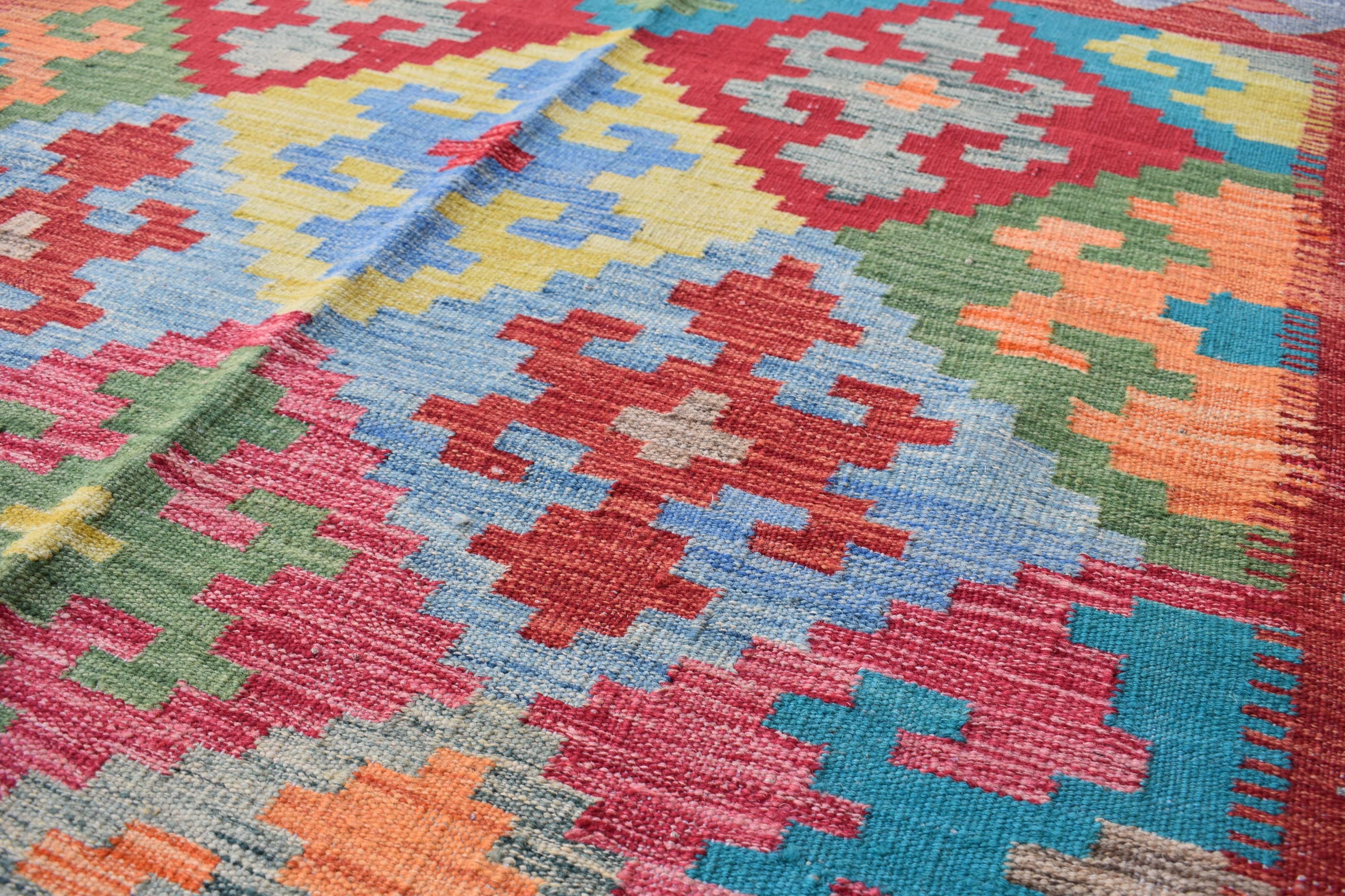 Afghan Kilim Rug – Handwoven Wool, Geometric Tribal Design, 6.8x5 ft | Farm House Rug | Living Room Rug | Office Rug