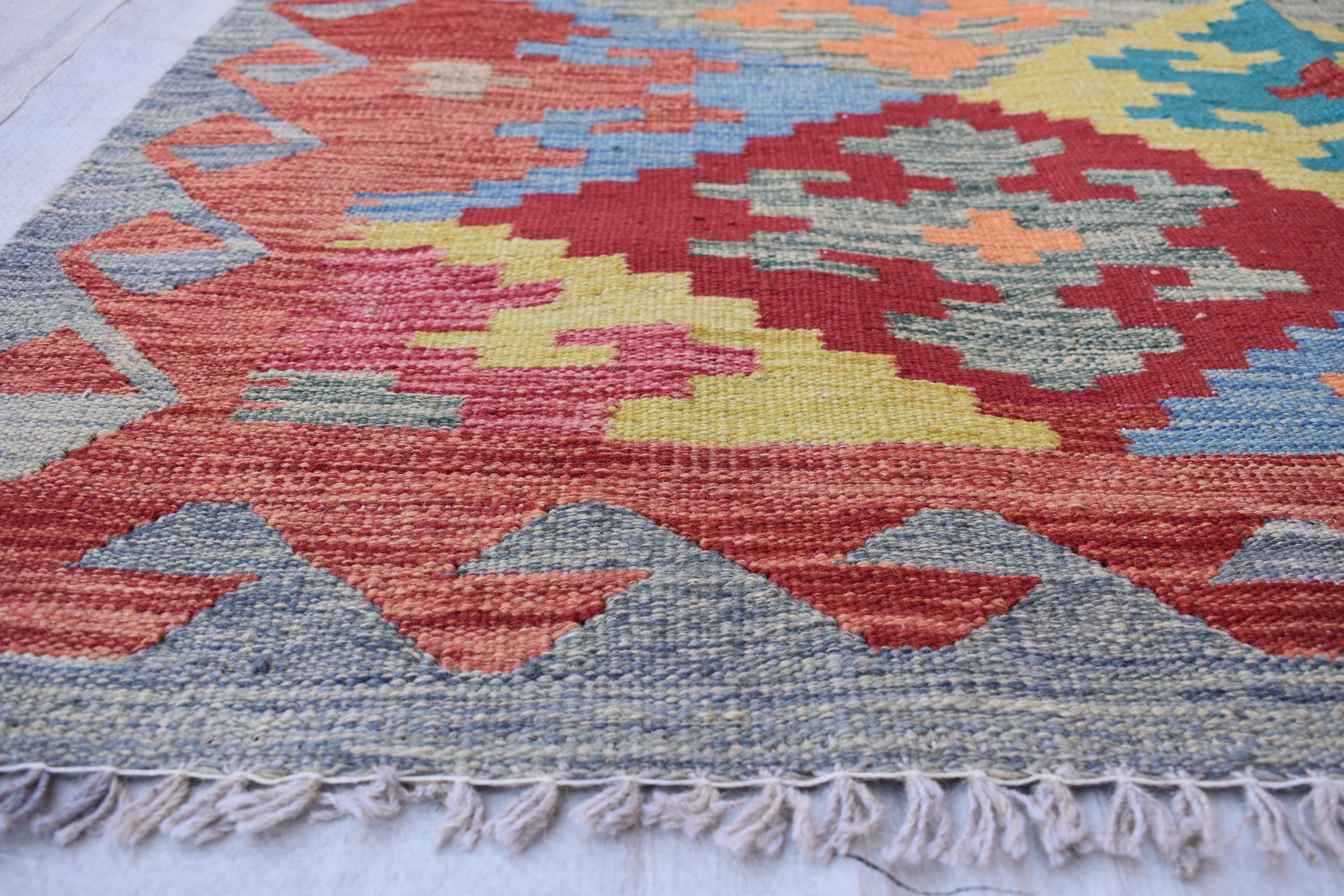 Afghan Kilim Rug – Handwoven Wool, Geometric Tribal Design, 6.8x5 ft | Farm House Rug | Living Room Rug | Office Rug