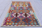 Antique Afghan Kilim Rug – Handwoven Wool, Geometric Tribal Design, 6.10x4.10 ft, Farm House Rug, Living Room rug, Medium Area Rug