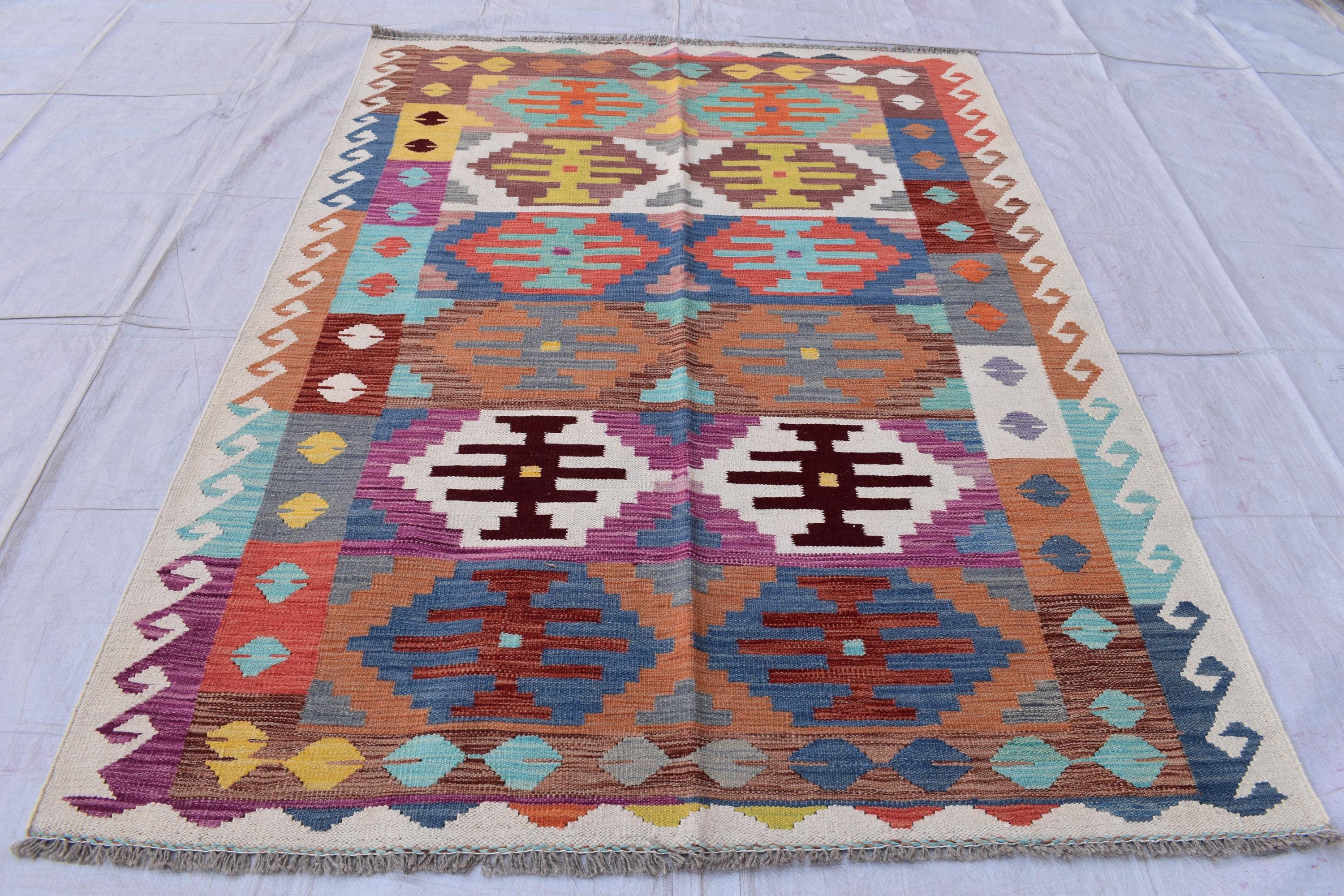 Antique Afghan Kilim Rug – Handwoven Wool, Geometric Tribal Design, 6.10x4.10 ft, Farm House Rug, Living Room rug, Medium Area Rug
