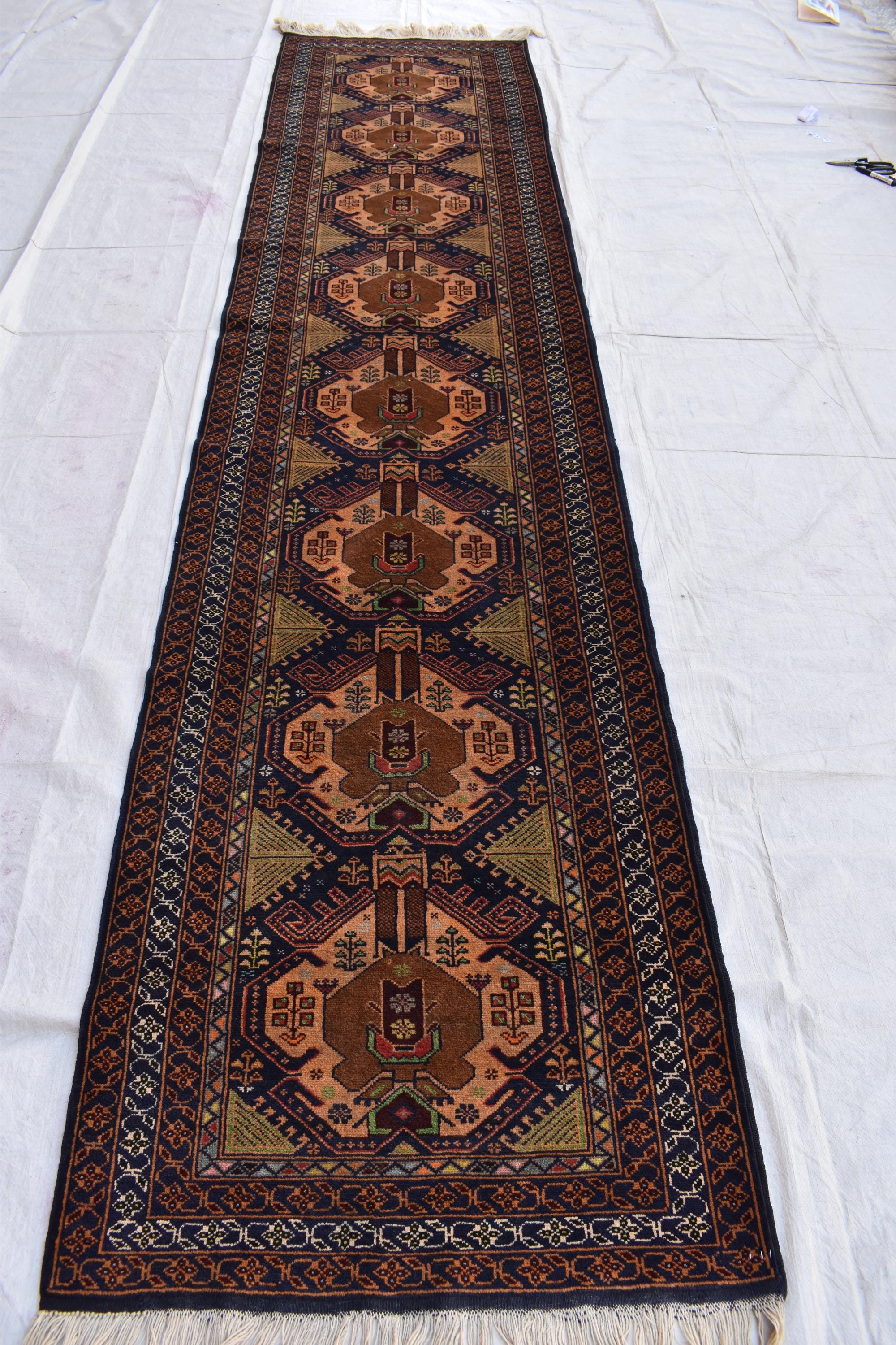 Antique Baluchi Runner 3x13 - Vintage Brown Green and Bronze Tribal Carpet - Narrow Hallway Rug, Ethnic Boho Floor Cover, Collector's Piece