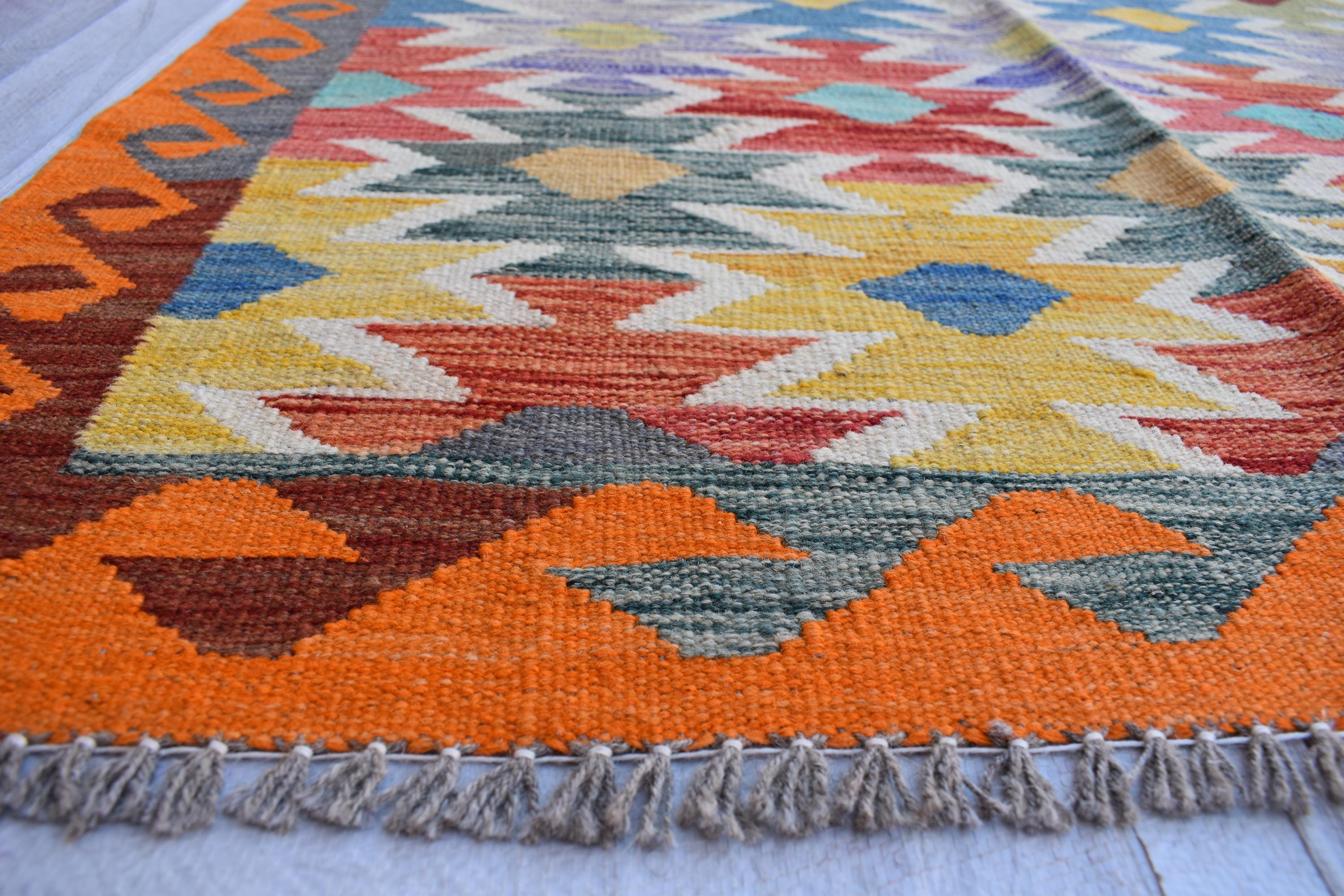 Antique Afghan Kilim Rug – Handwoven Wool, Geometric Tribal Design, 6.2x4 ft, Small Area Rug, Bedroom Rug, Wall Hanging Rug