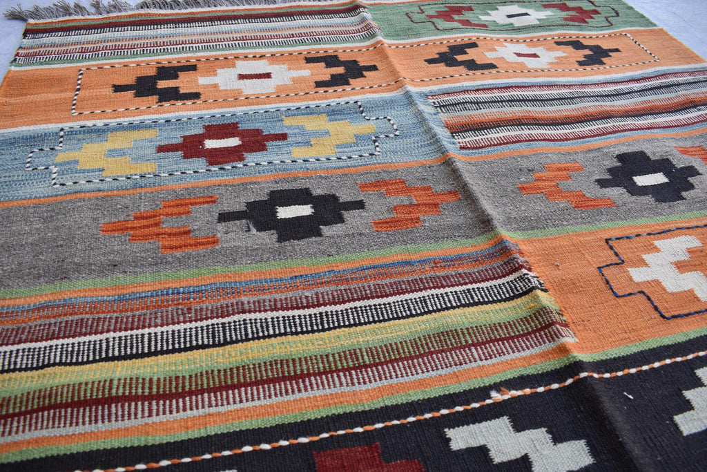 Unique Afghan Kilim Rug – Handwoven Wool, Geometric Tribal Design, 6.6x4.11 ft | Farm House Rug | Bohemian Rug | Office Rug