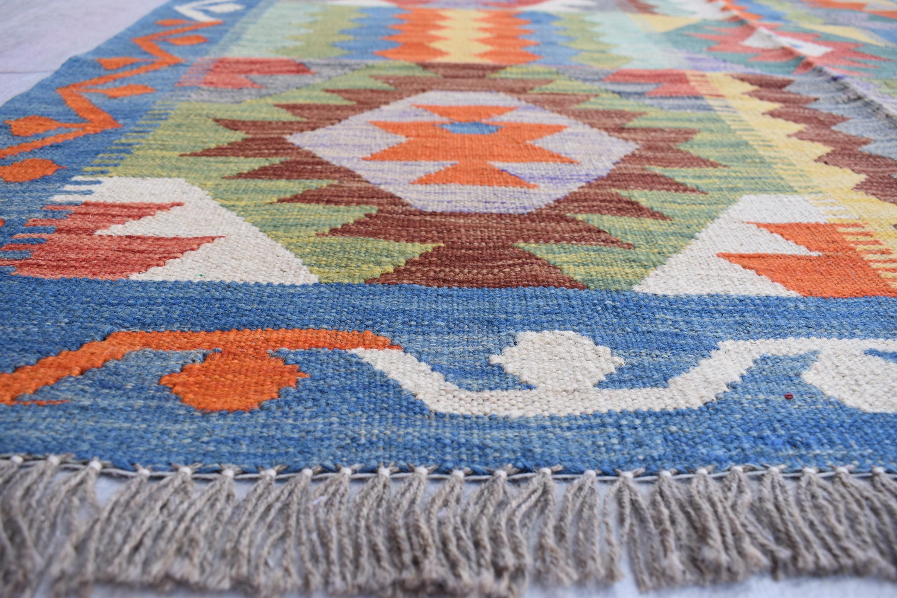 Handwoven Afghan Kilim Rug 6.8x4.11 ft - Boho Tribal Wool Area Carpet, Flatweave Vintage Decor, Farm House Rug, living room Rug