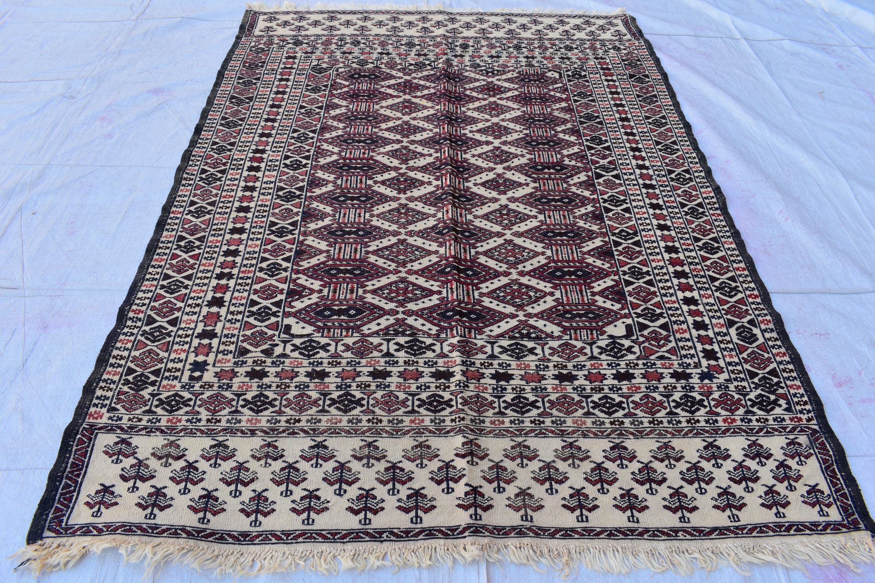 Antique Afghan Zahir Shahi Kilim 6x4.2 ft - 60 Years Old, Handwoven Tribal Wool Rug, Vintage Flatweave, Boho Ethnic Decor, Wall Hanging Rug