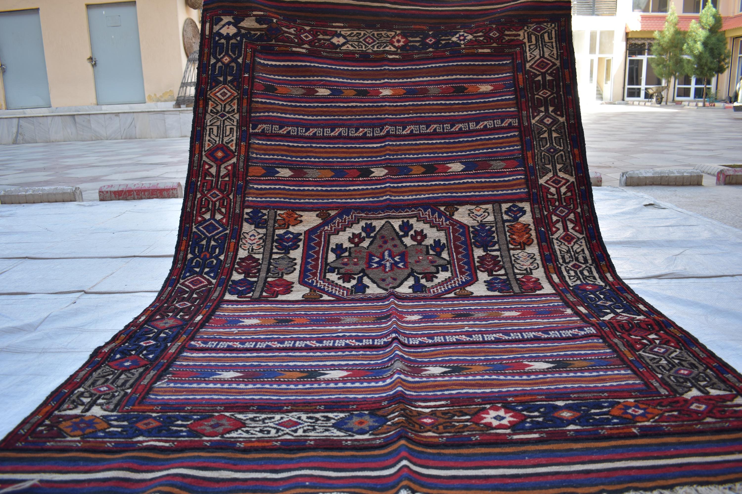 Antique 1950s Kilim Rug – Vintage Afghan Handmade Wool Carpet, 6.11 x 4.5 ft | Mid-Century Tribal Flat Weave Decor, Farm House Rug