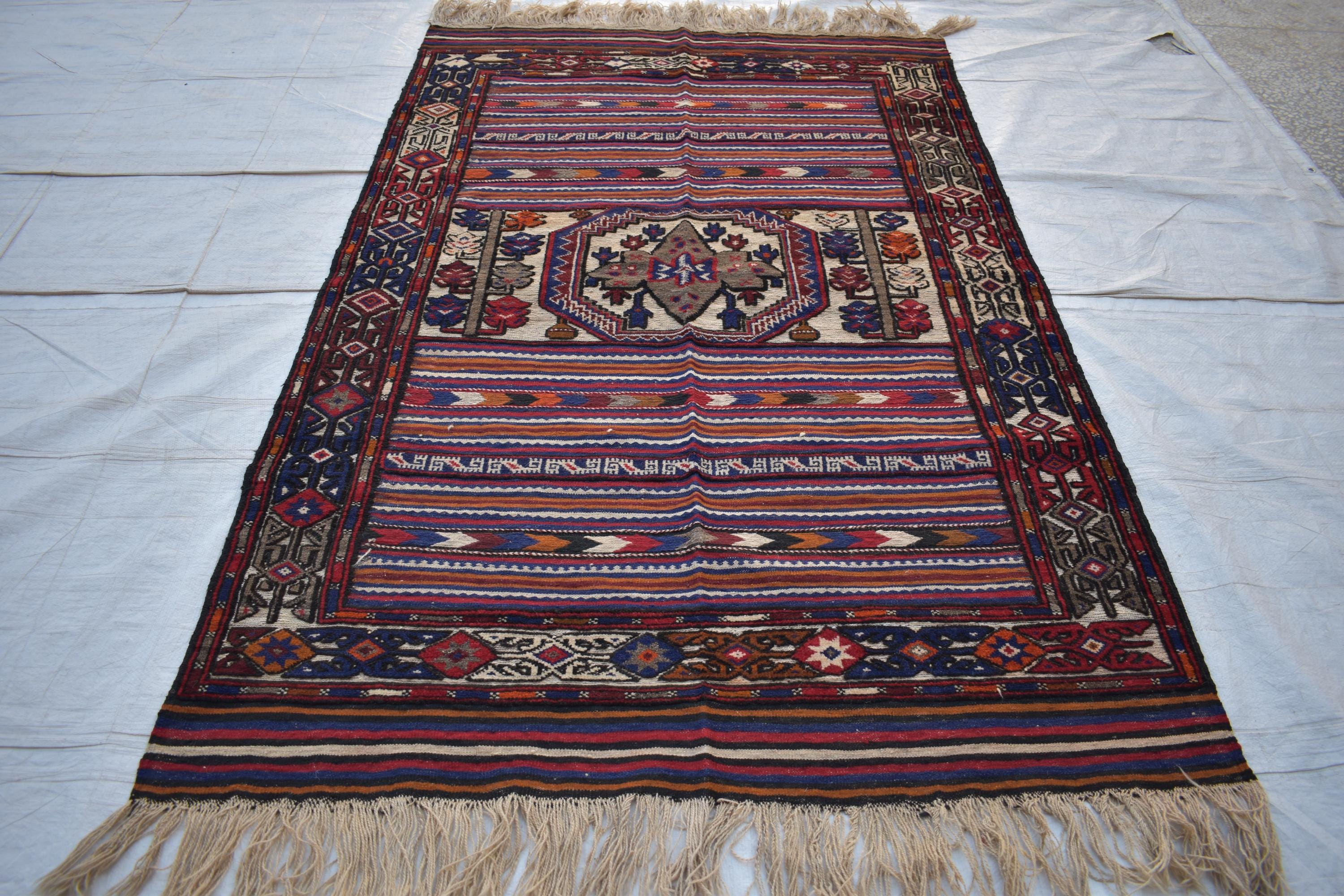 Antique 1950s Kilim Rug – Vintage Afghan Handmade Wool Carpet, 6.11 x 4.5 ft | Mid-Century Tribal Flat Weave Decor, Farm House Rug