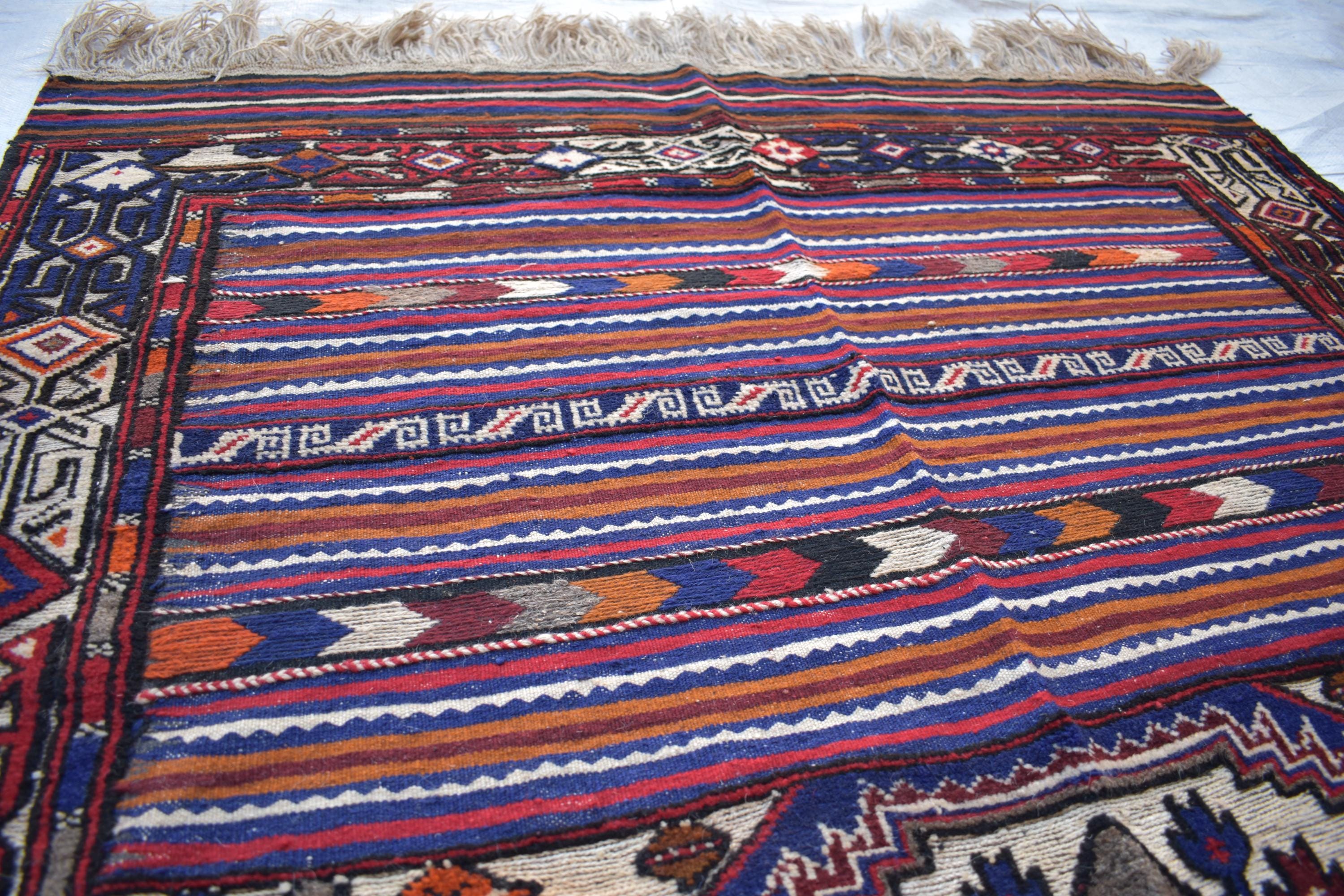 Antique 1950s Kilim Rug – Vintage Afghan Handmade Wool Carpet, 6.11 x 4.5 ft | Mid-Century Tribal Flat Weave Decor, Farm House Rug