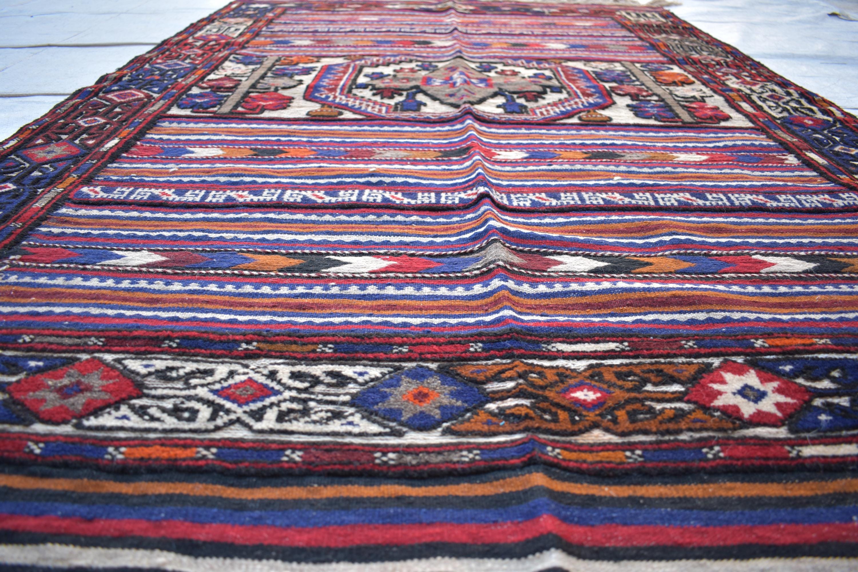 Antique 1950s Kilim Rug – Vintage Afghan Handmade Wool Carpet, 6.11 x 4.5 ft | Mid-Century Tribal Flat Weave Decor, Farm House Rug